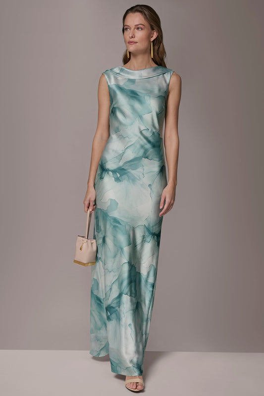 Waterlily Multi CHARMEUSE FLORAL RUFFLE GOWN Donna Karan