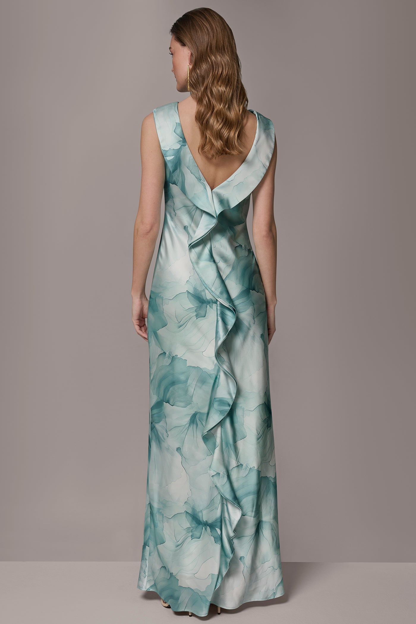 Waterlily Multi CHARMEUSE FLORAL RUFFLE GOWN Donna Karan