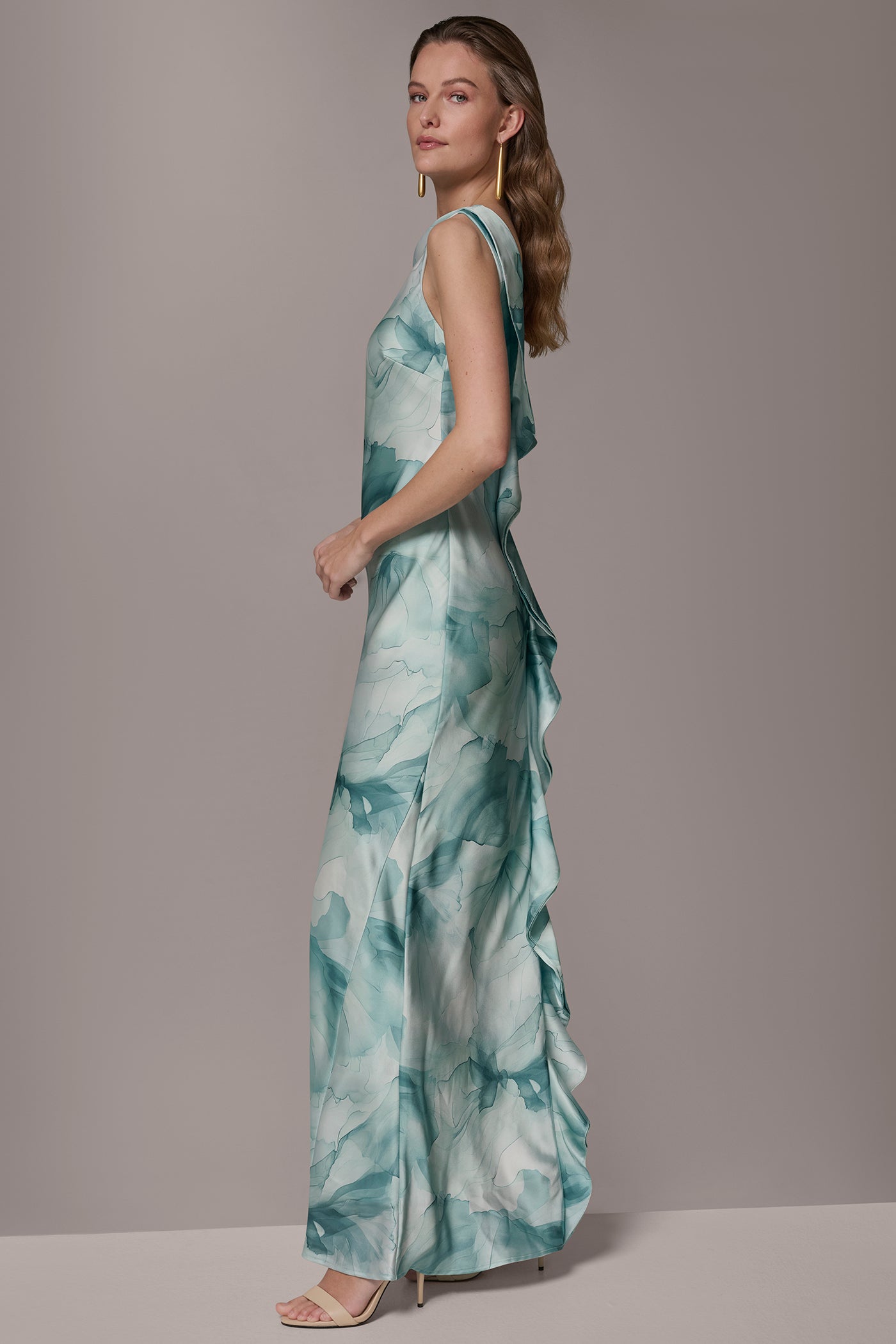 Waterlily Multi CHARMEUSE FLORAL RUFFLE GOWN Donna Karan
