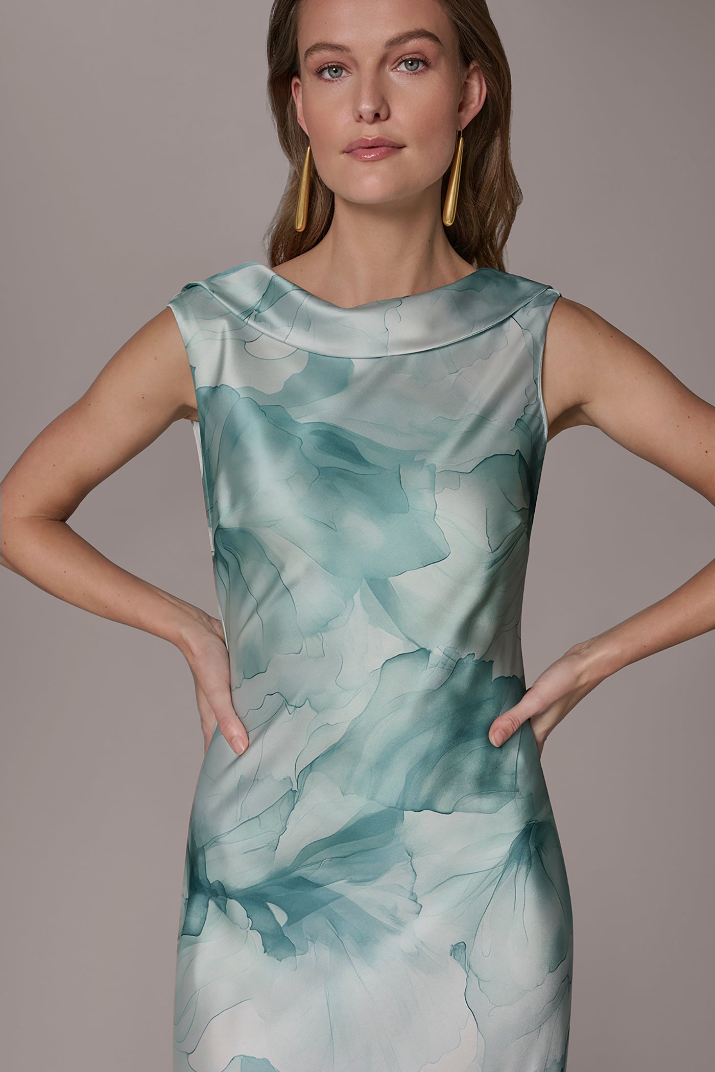 Waterlily Multi CHARMEUSE FLORAL RUFFLE GOWN Donna Karan