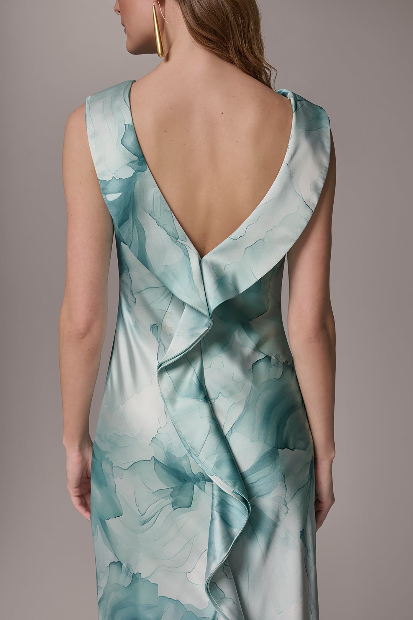 Waterlily Multi CHARMEUSE FLORAL RUFFLE GOWN Donna Karan
