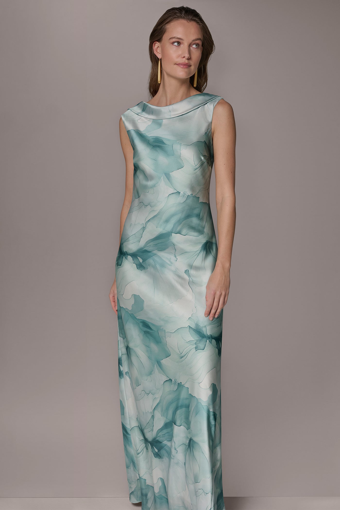 Waterlily Multi CHARMEUSE FLORAL RUFFLE GOWN Donna Karan