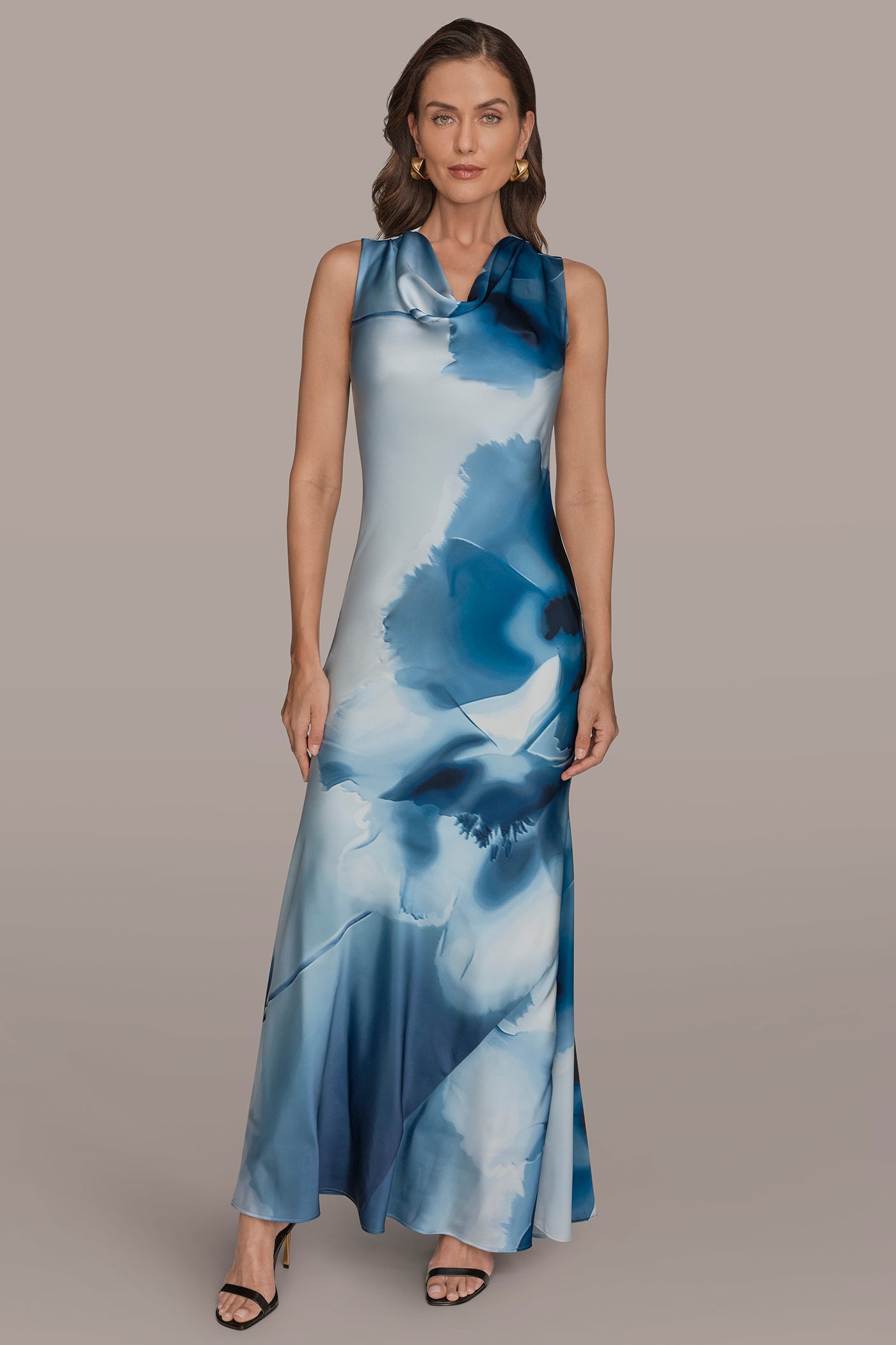 Washed Indigo Multi CHARMEUSE SLEEVELESS FLORAL GOWN Donna Karan