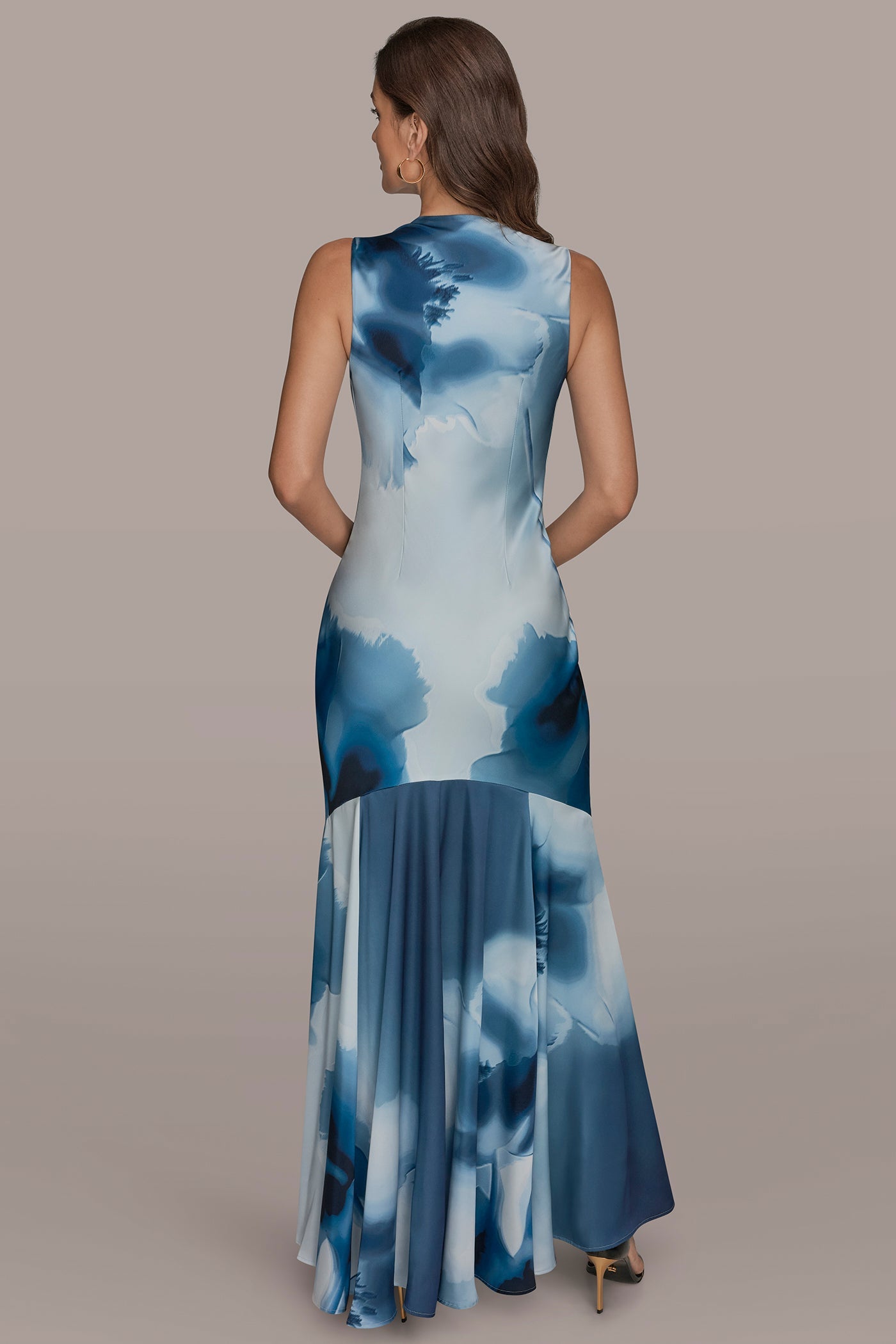 Washed Indigo Multi CHARMEUSE SLEEVELESS FLORAL GOWN Donna Karan
