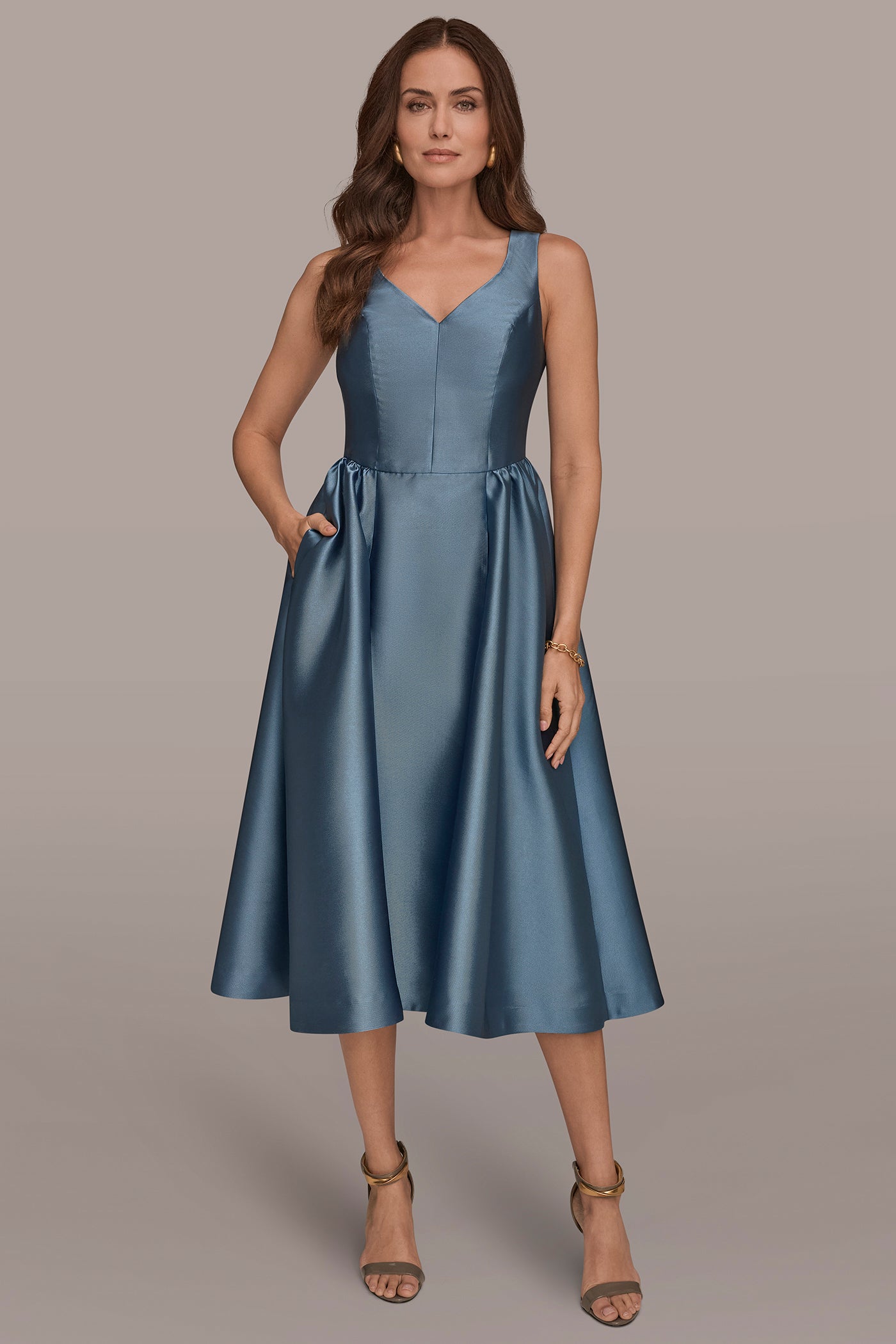 Washed Indigo MIKADO SLEEVELESS FLORAL MIDI GOWN Donna Karan