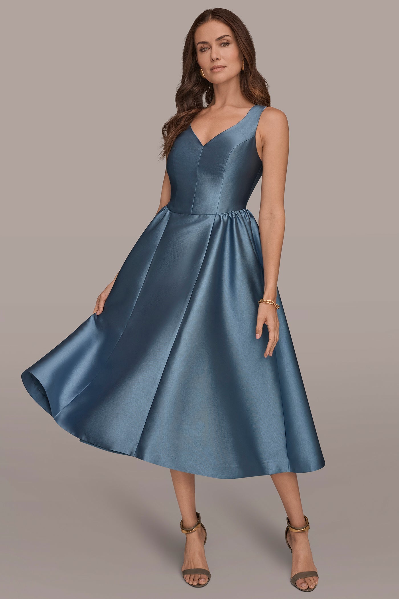 Washed Indigo MIKADO SLEEVELESS FLORAL MIDI GOWN Donna Karan