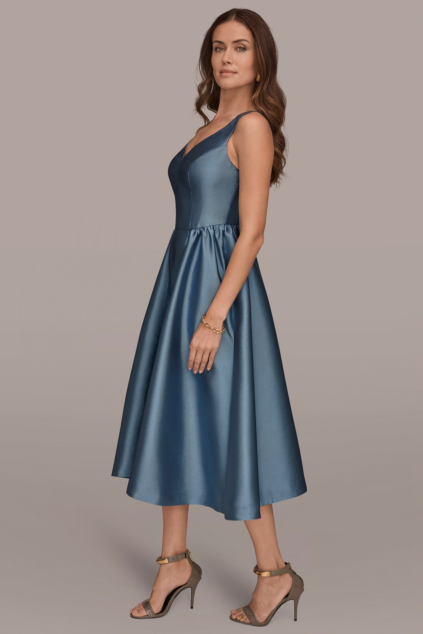 Washed Indigo MIKADO SLEEVELESS FLORAL MIDI GOWN Donna Karan