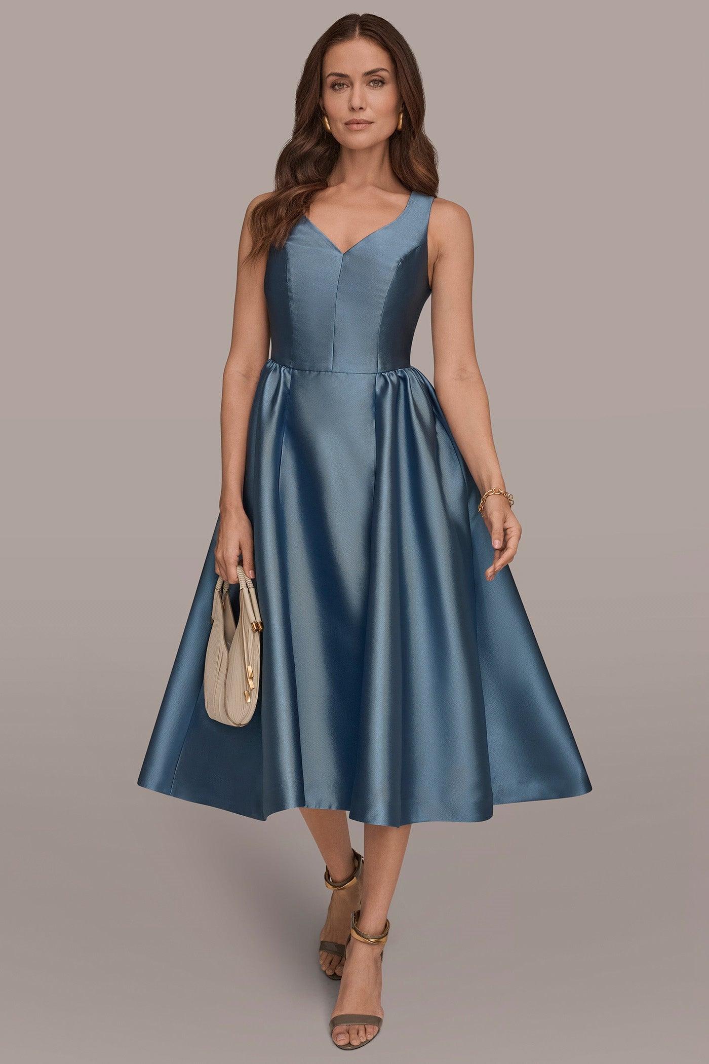 Washed Indigo MIKADO SLEEVELESS FLORAL MIDI GOWN Donna Karan