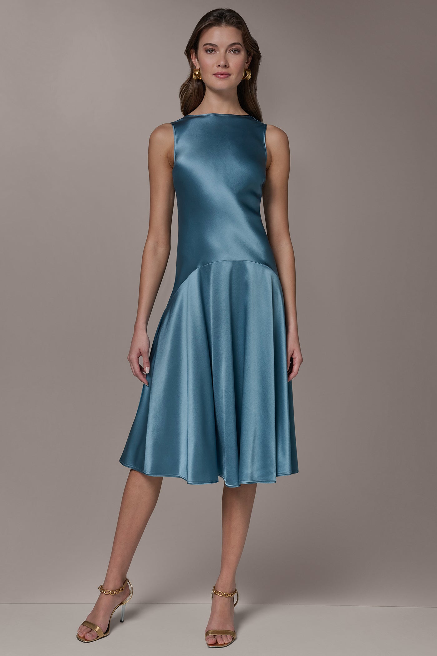 Washed Indigo SILK-CHARMEUSE MIDI A-LINE DRESS Donna Karan