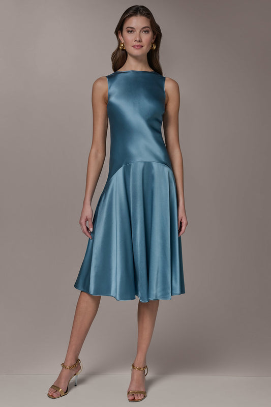 Washed Indigo SILK-CHARMEUSE MIDI A-LINE DRESS Donna Karan