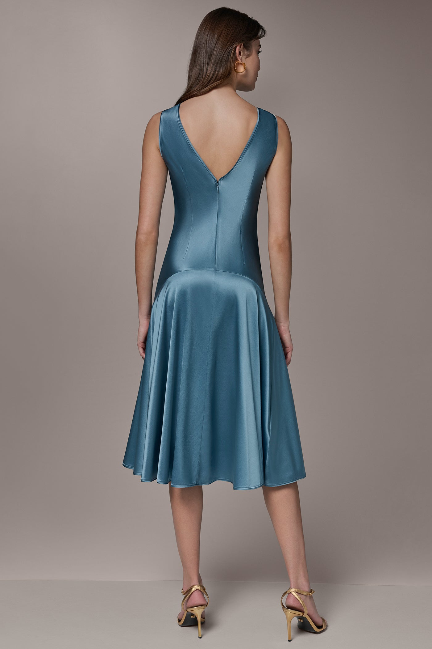 Washed Indigo SILK-CHARMEUSE MIDI A-LINE DRESS Donna Karan