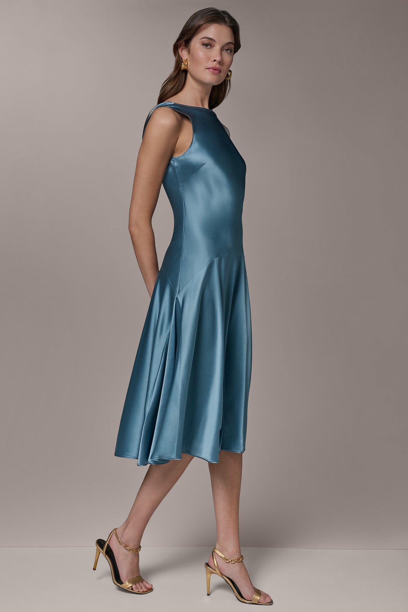 Washed Indigo SILK-CHARMEUSE MIDI A-LINE DRESS Donna Karan