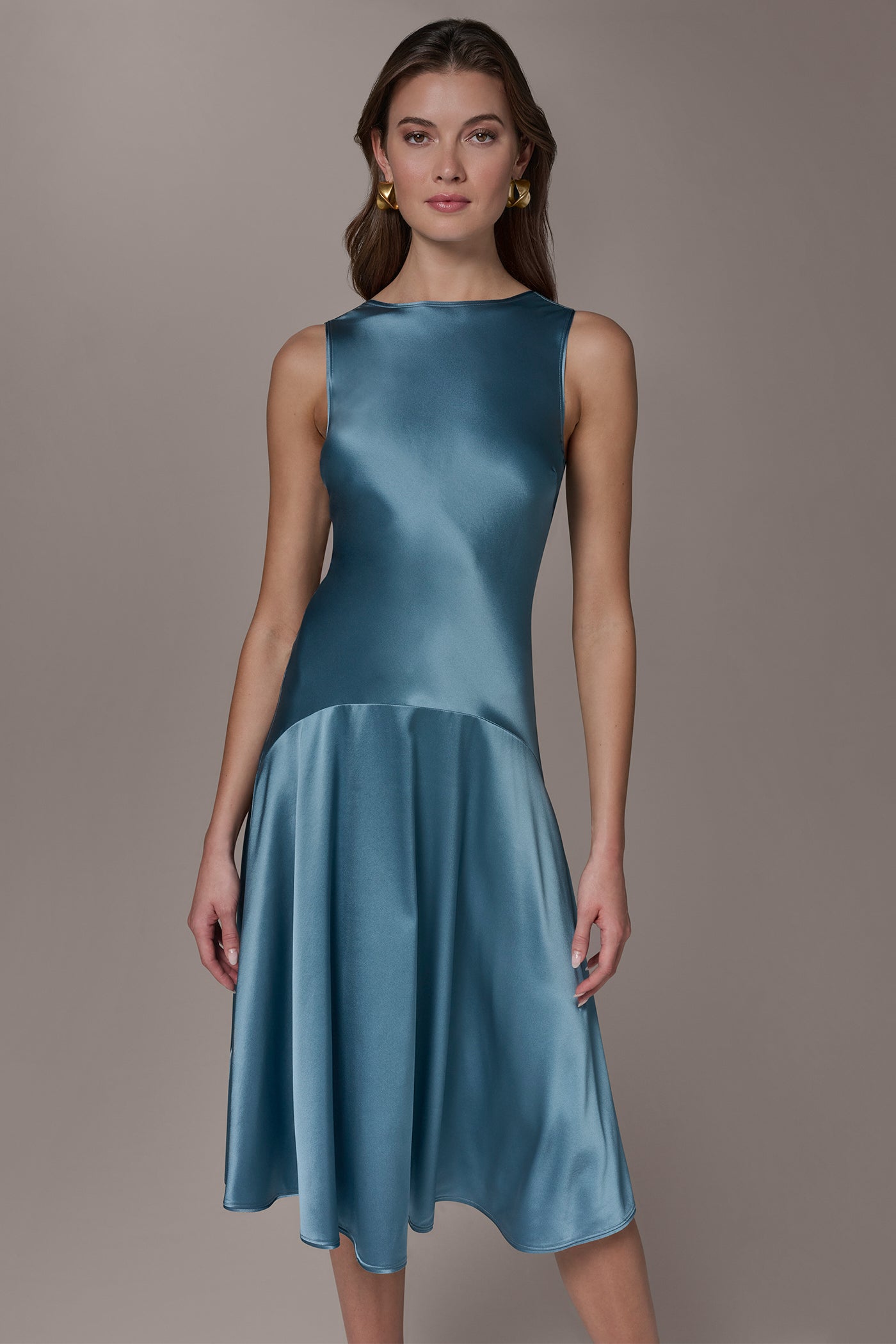 Washed Indigo SILK-CHARMEUSE MIDI A-LINE DRESS Donna Karan
