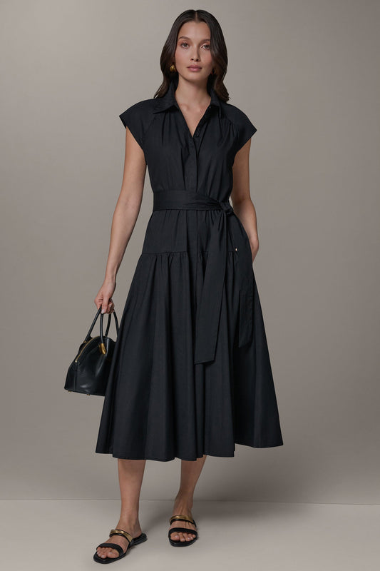 Black CAP SLEEVE MIDI SHIRT DRESS Donna Karan