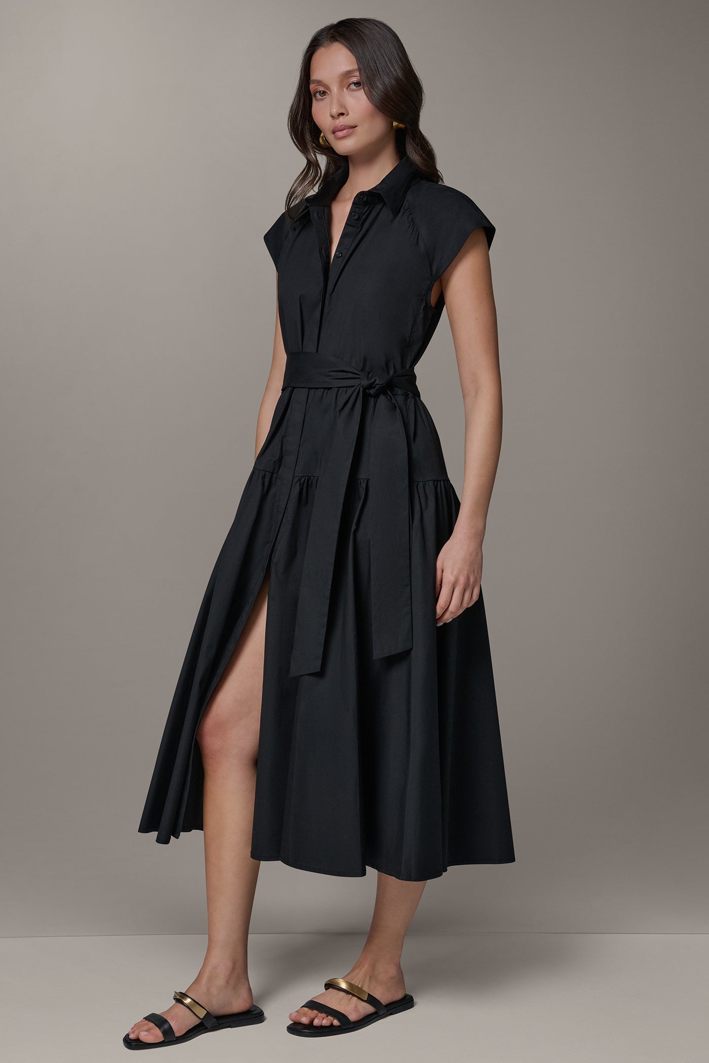 Black CAP SLEEVE MIDI SHIRT DRESS Donna Karan