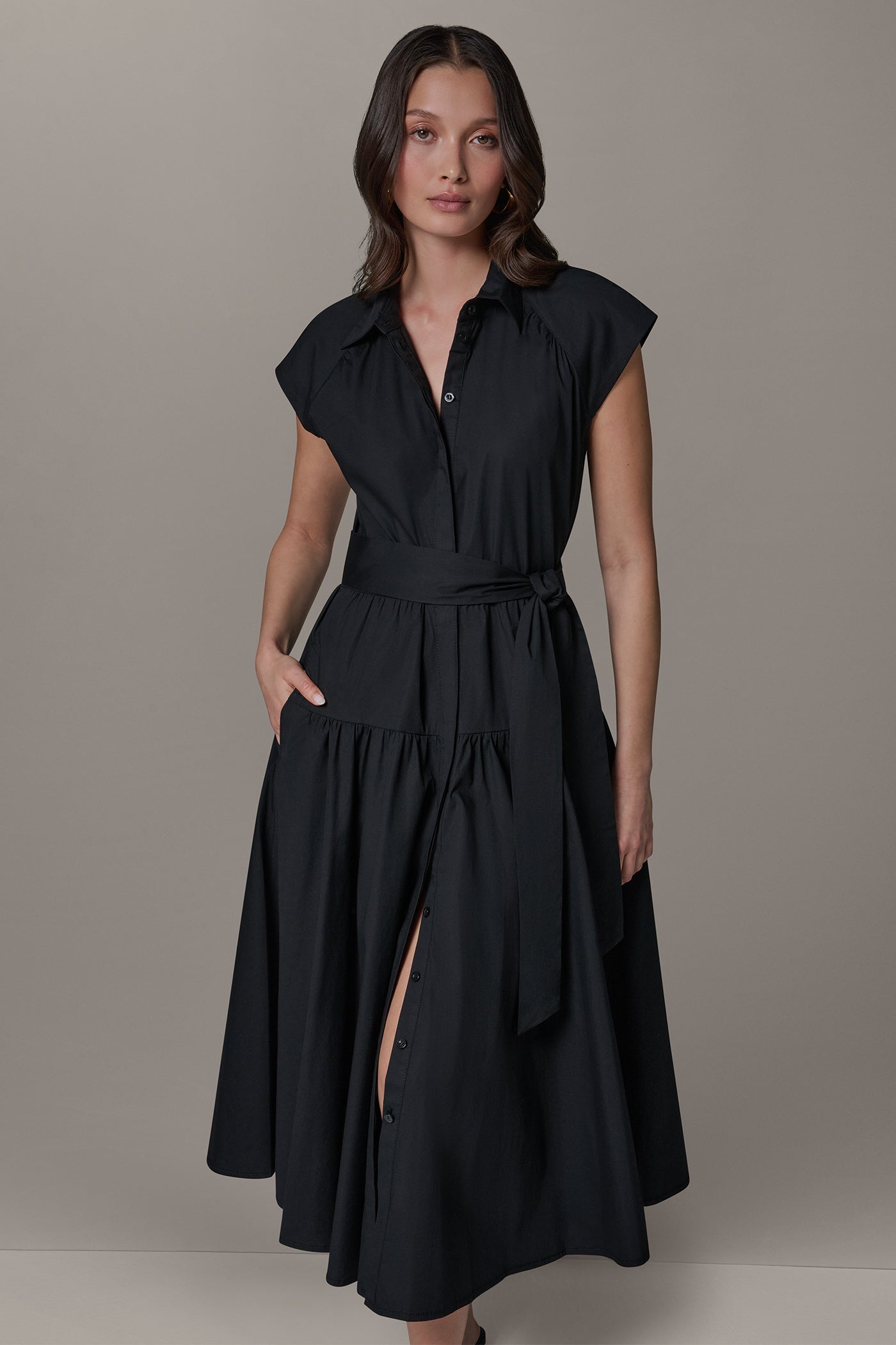Black CAP SLEEVE MIDI SHIRT DRESS Donna Karan