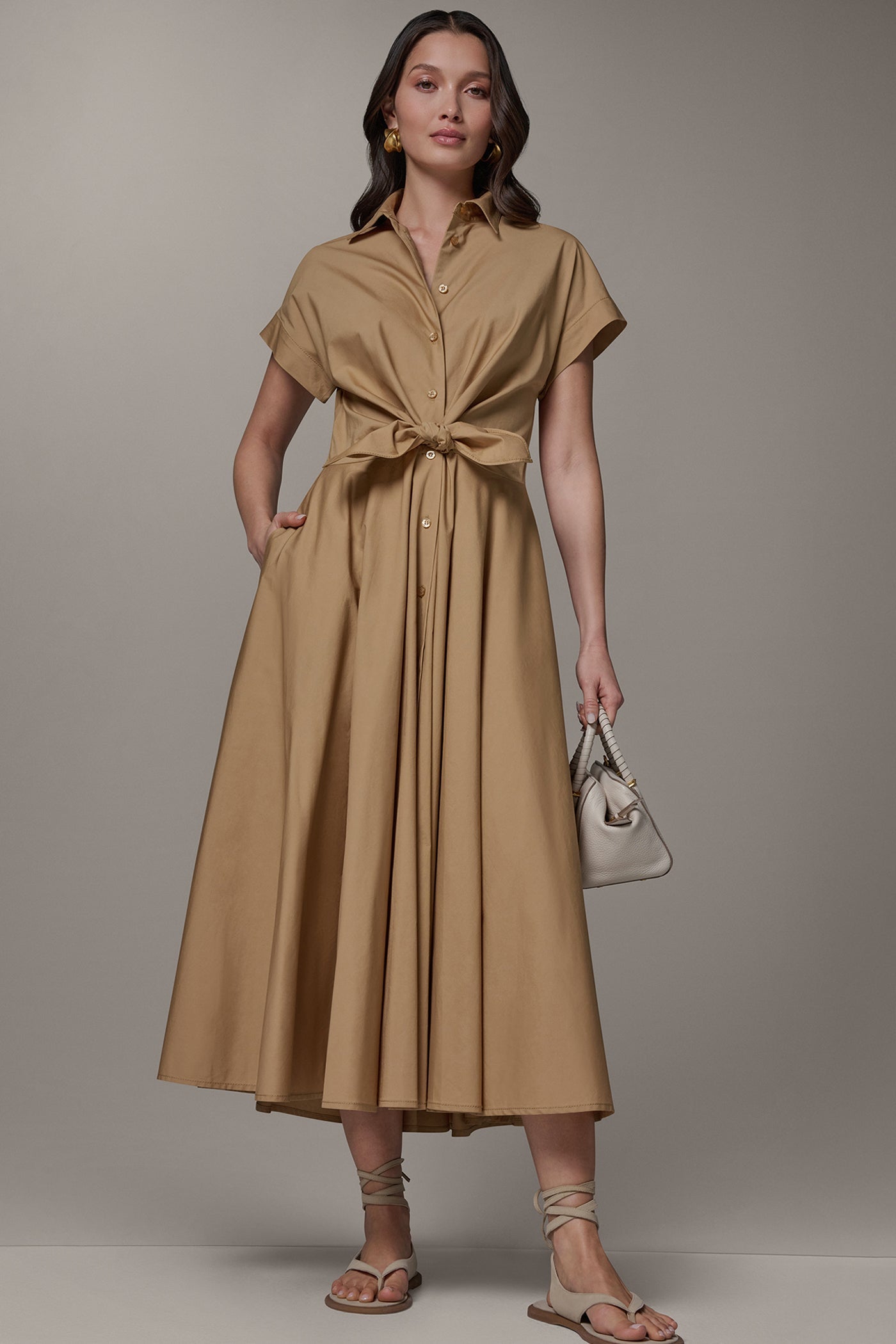Fawn SHORT SLEEVE TIE FRONT MAXI SHIRT DRESS Donna Karan