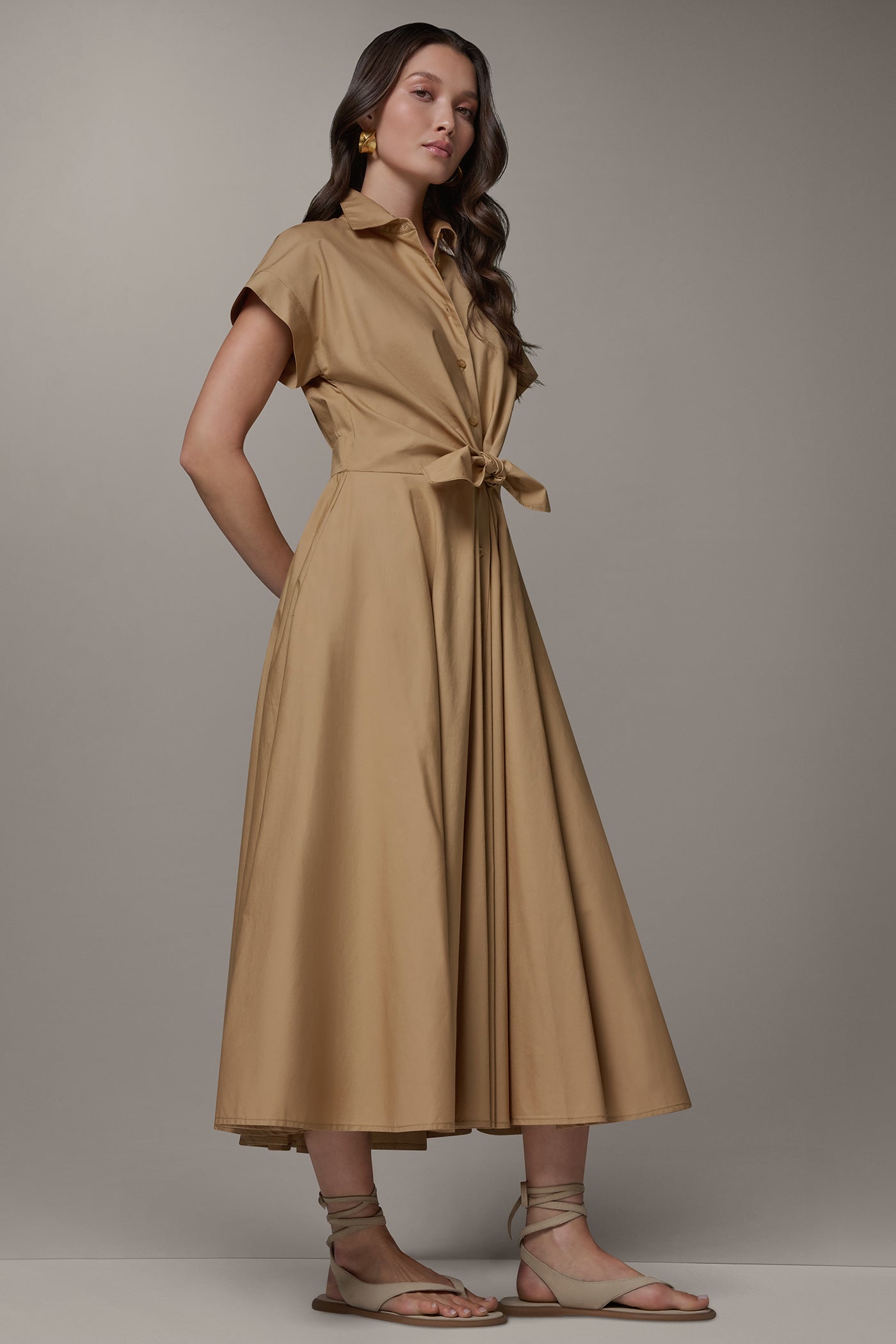 Fawn SHORT SLEEVE TIE FRONT MAXI SHIRT DRESS Donna Karan