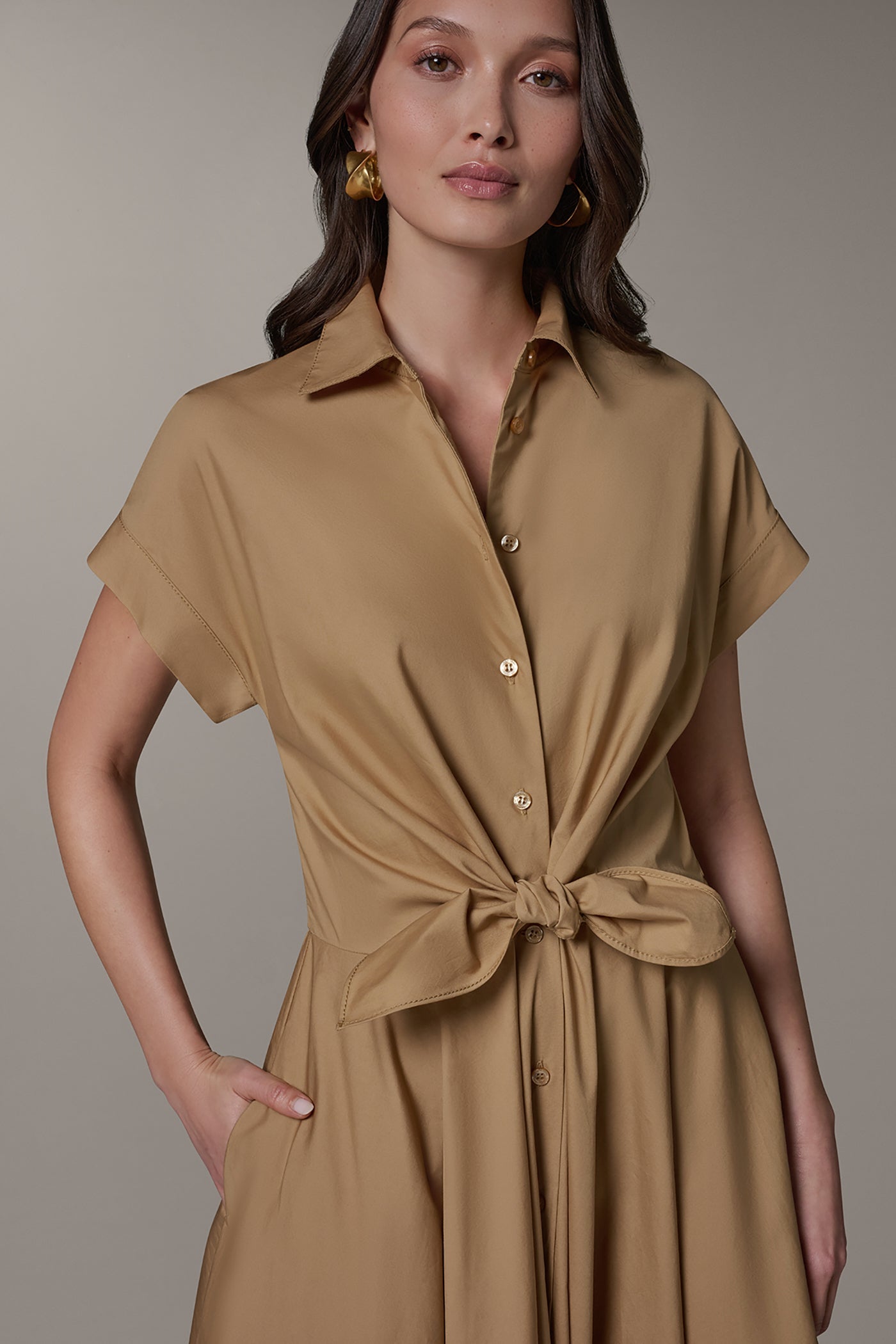 Fawn SHORT SLEEVE TIE FRONT MAXI SHIRT DRESS Donna Karan