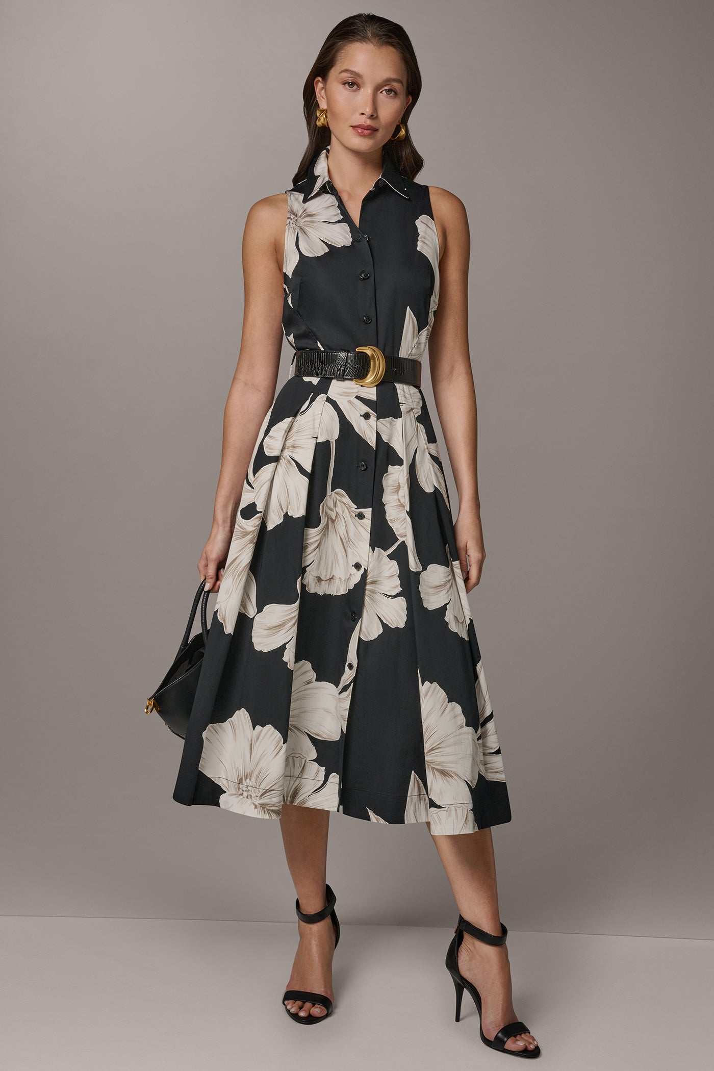 Black Multi SLEEVELESS MIDI HALTER SHIRT DRESS Donna Karan