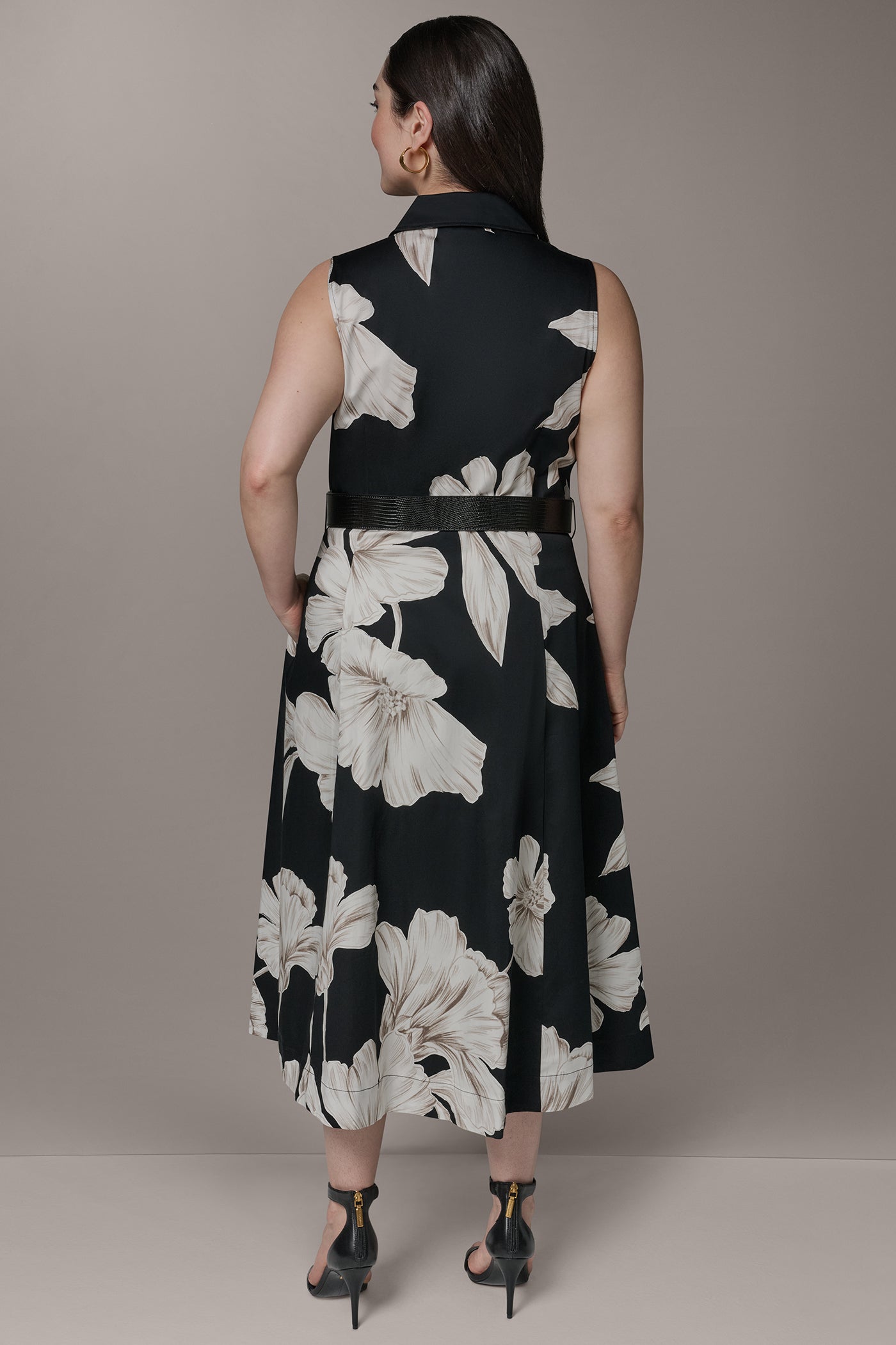 Black Multi SLEEVELESS MIDI HALTER SHIRT DRESS Donna Karan