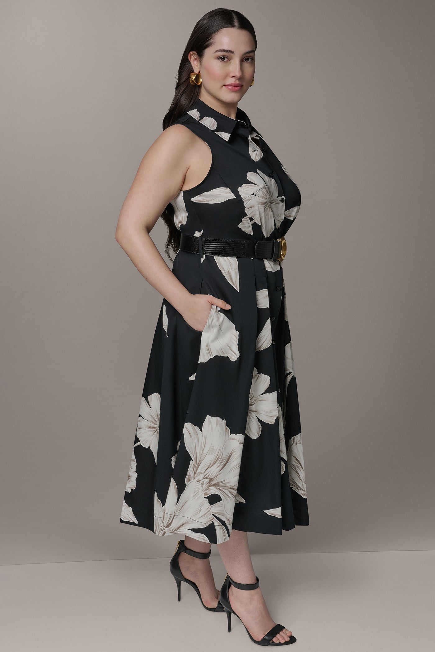 Black Multi SLEEVELESS MIDI HALTER SHIRT DRESS Donna Karan