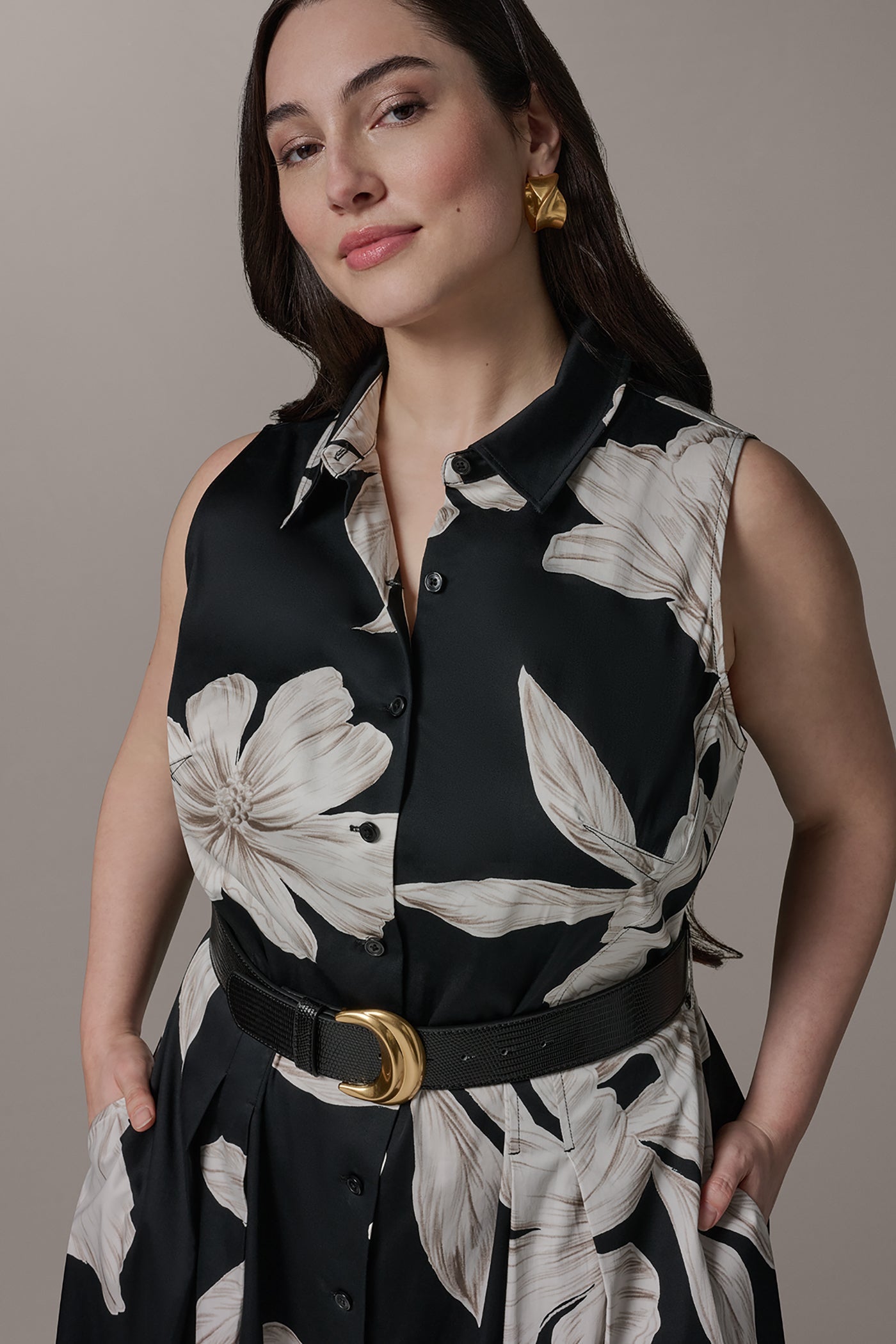 Black Multi SLEEVELESS MIDI HALTER SHIRT DRESS Donna Karan