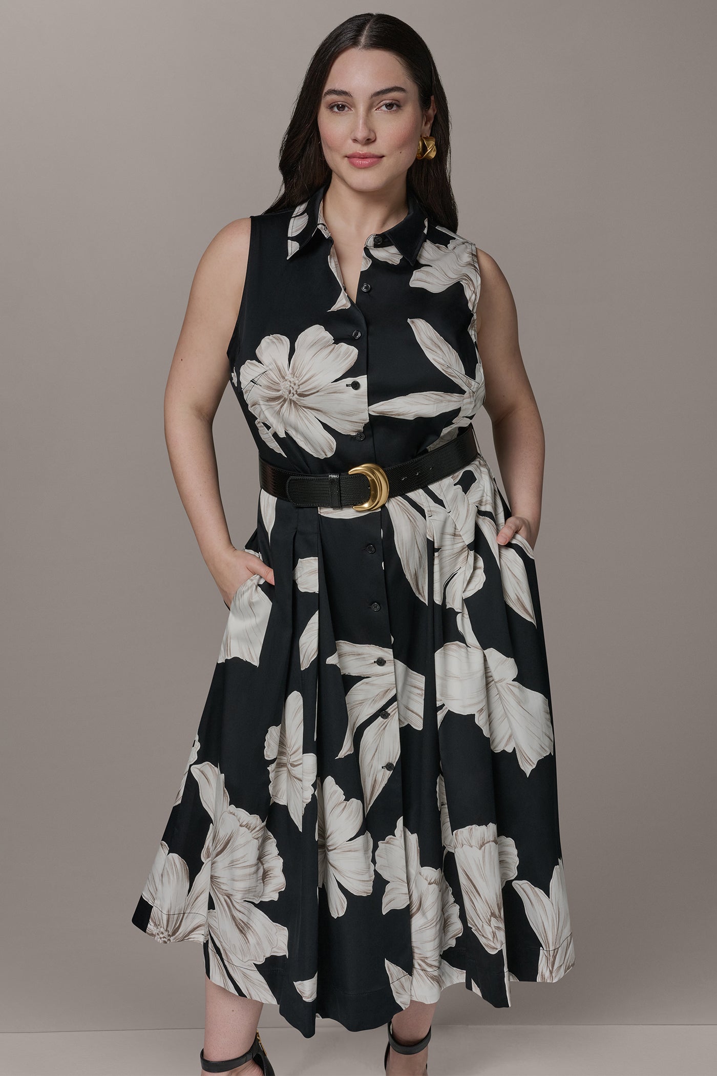 Black Multi SLEEVELESS MIDI HALTER SHIRT DRESS Donna Karan