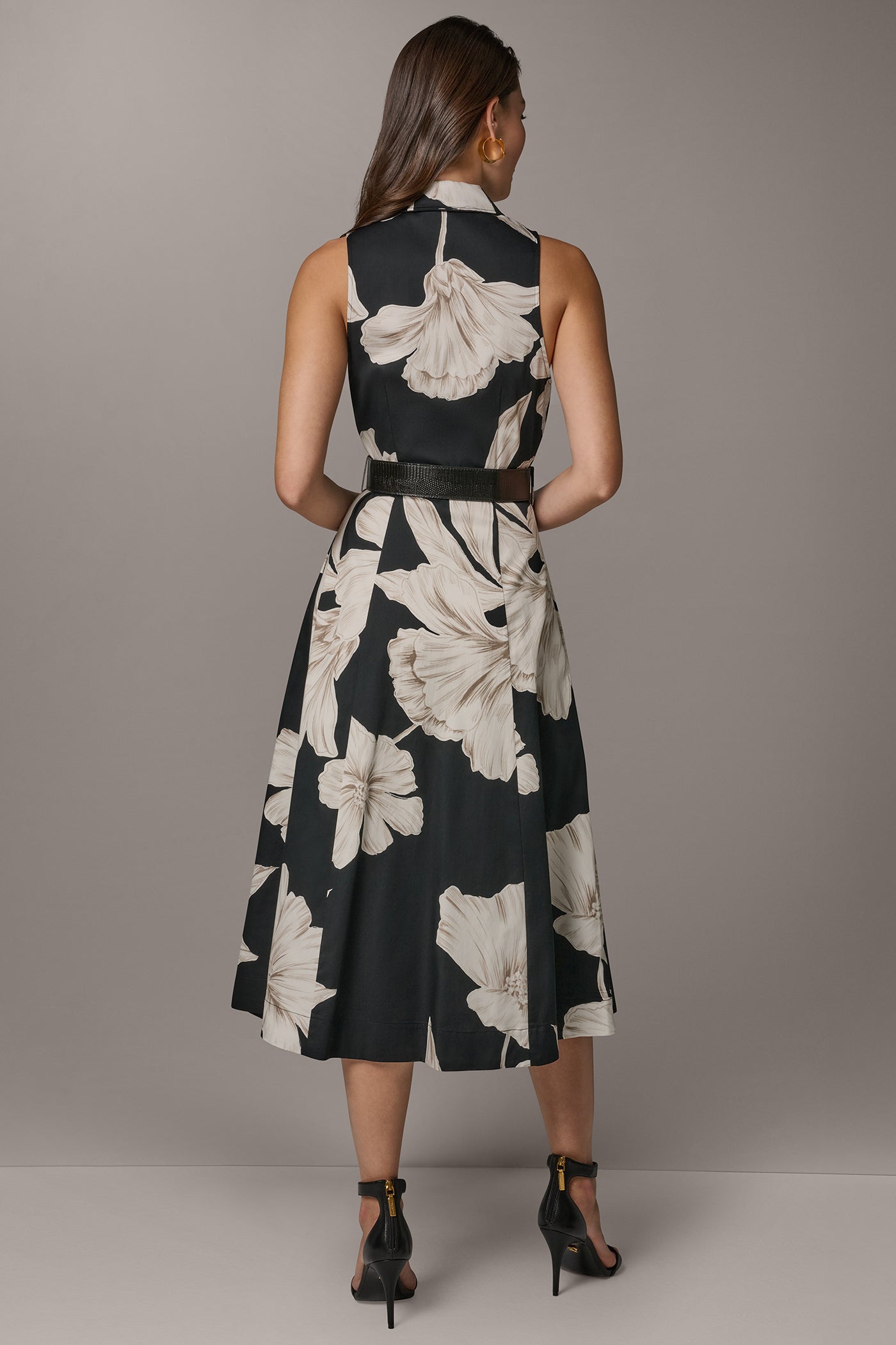 Black Multi SLEEVELESS MIDI HALTER SHIRT DRESS Donna Karan