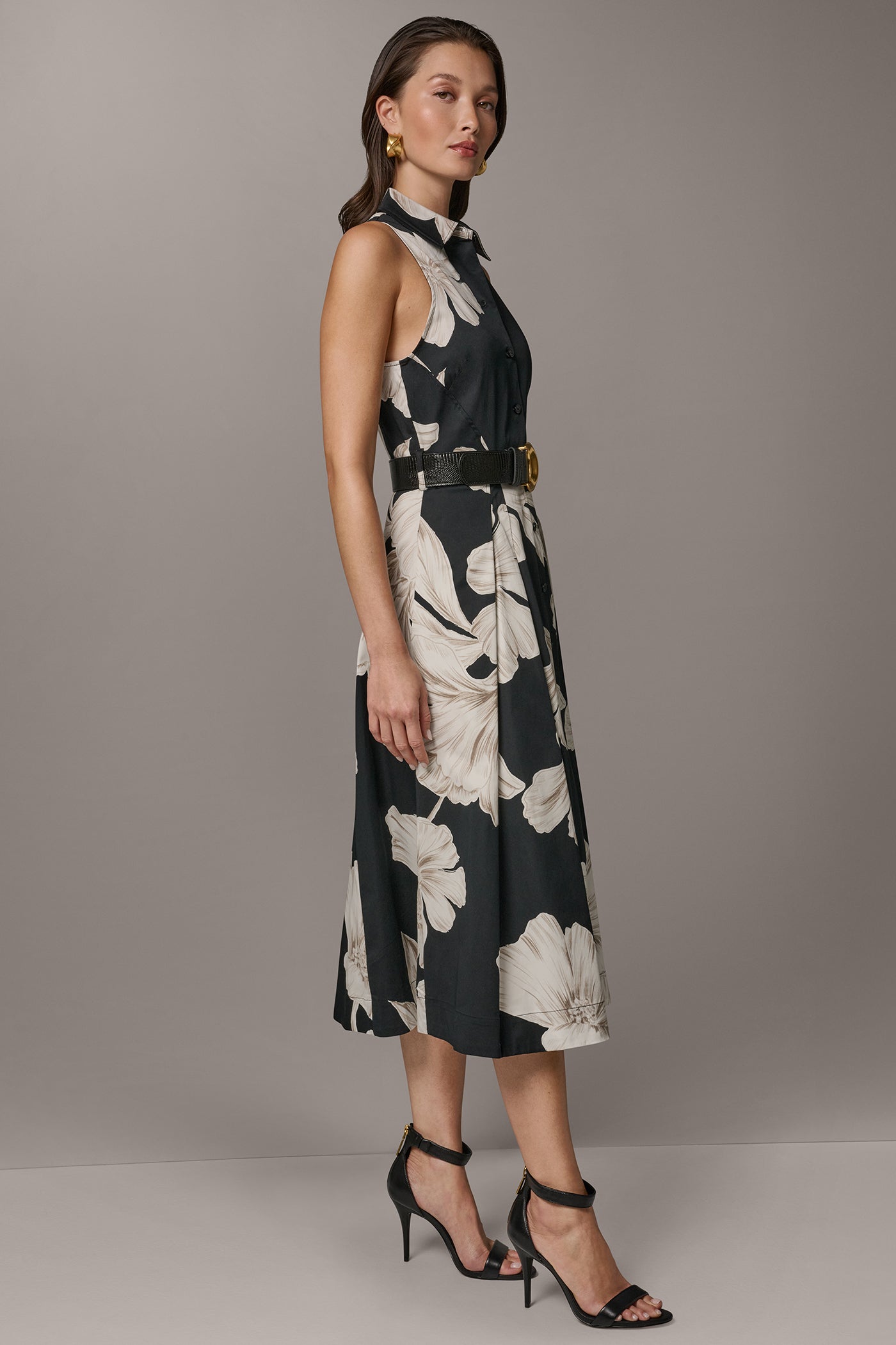 Black Multi SLEEVELESS MIDI HALTER SHIRT DRESS Donna Karan
