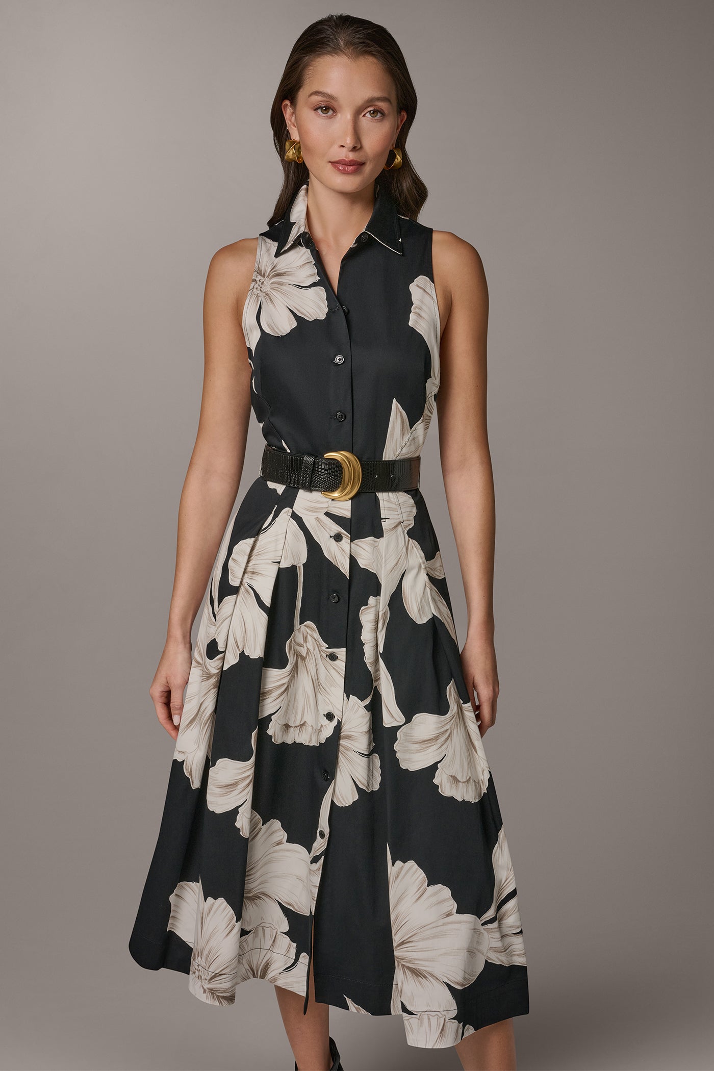 Black Multi SLEEVELESS MIDI HALTER SHIRT DRESS Donna Karan