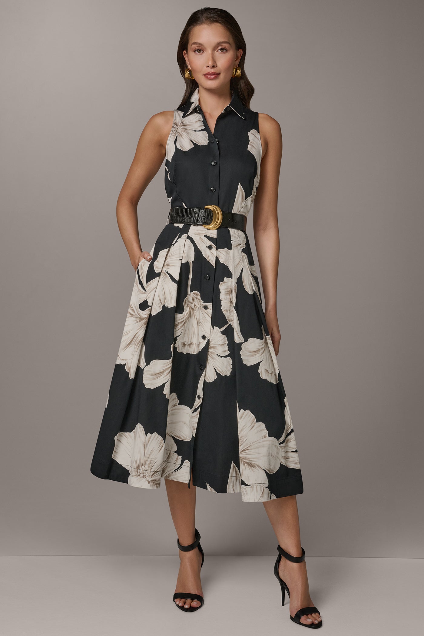 Black Multi SLEEVELESS MIDI HALTER SHIRT DRESS Donna Karan