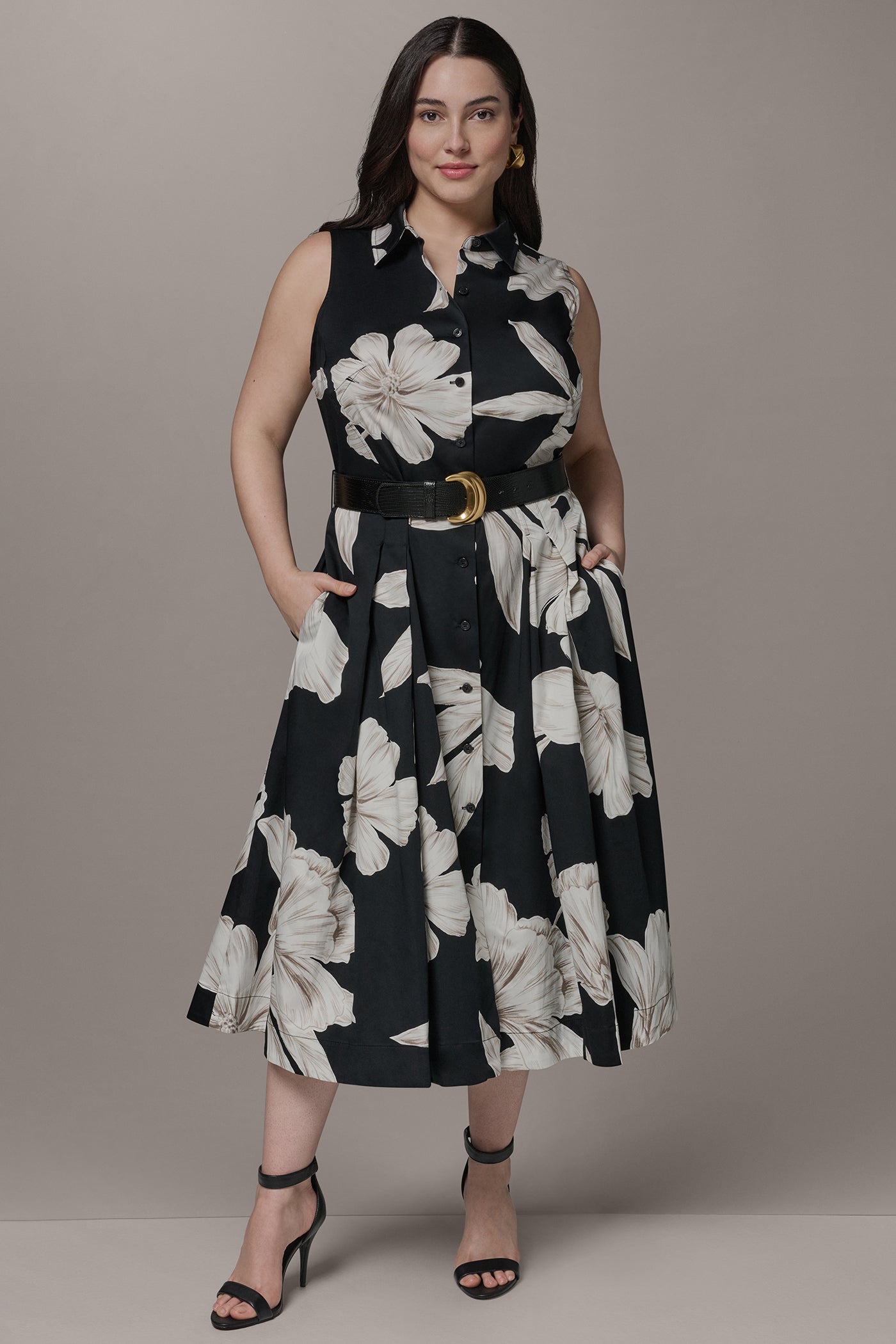 Black Multi SLEEVELESS MIDI HALTER SHIRT DRESS Donna Karan