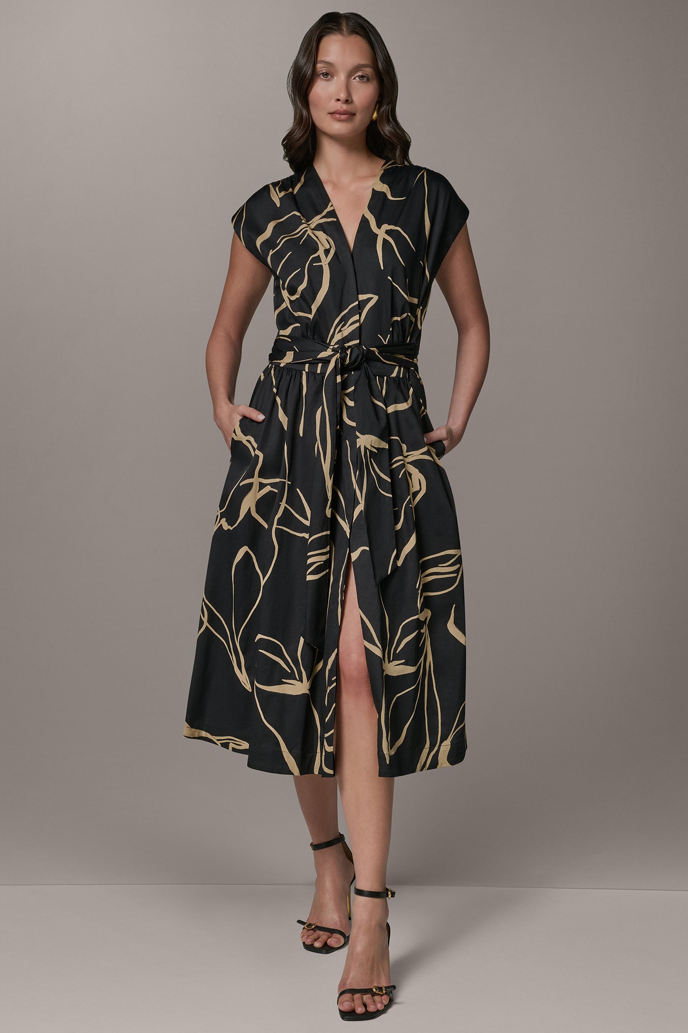 Black /Fawn SLEEVELESS PRINT MIDI DRESS Donna Karan