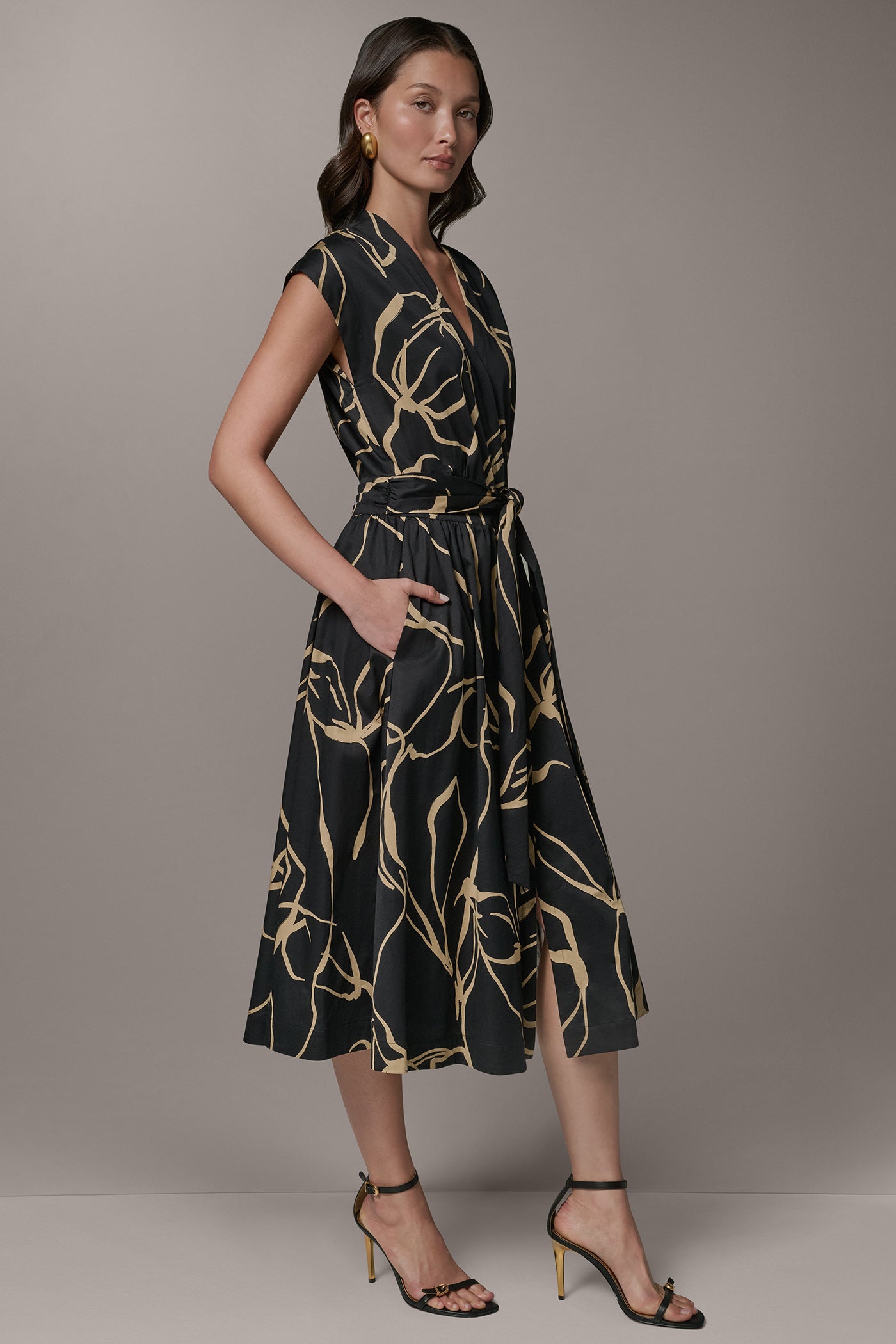 Black /Fawn SLEEVELESS PRINT MIDI DRESS Donna Karan