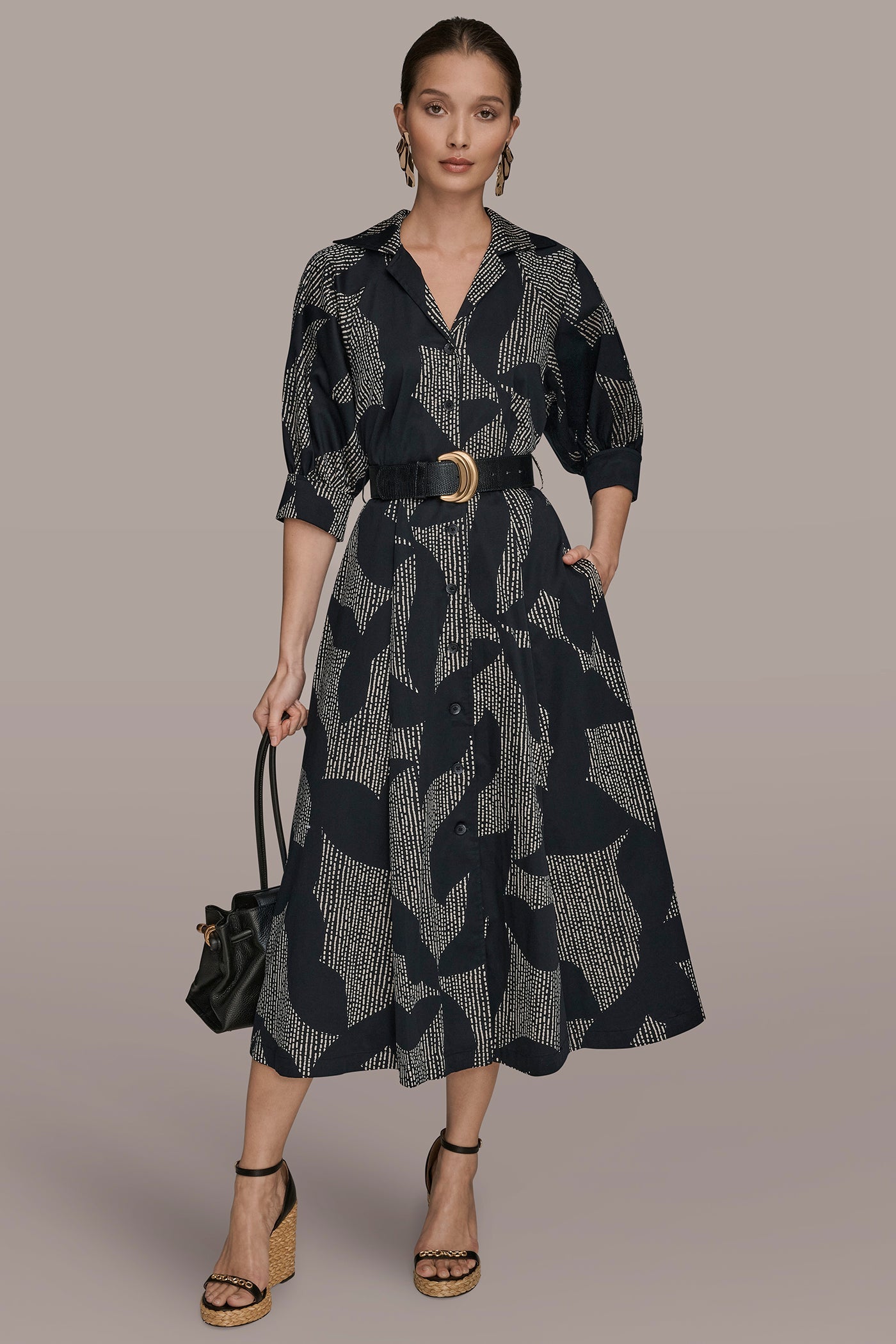 Black COTTON FLORAL MIDI SHIRT DRESS Donna Karan