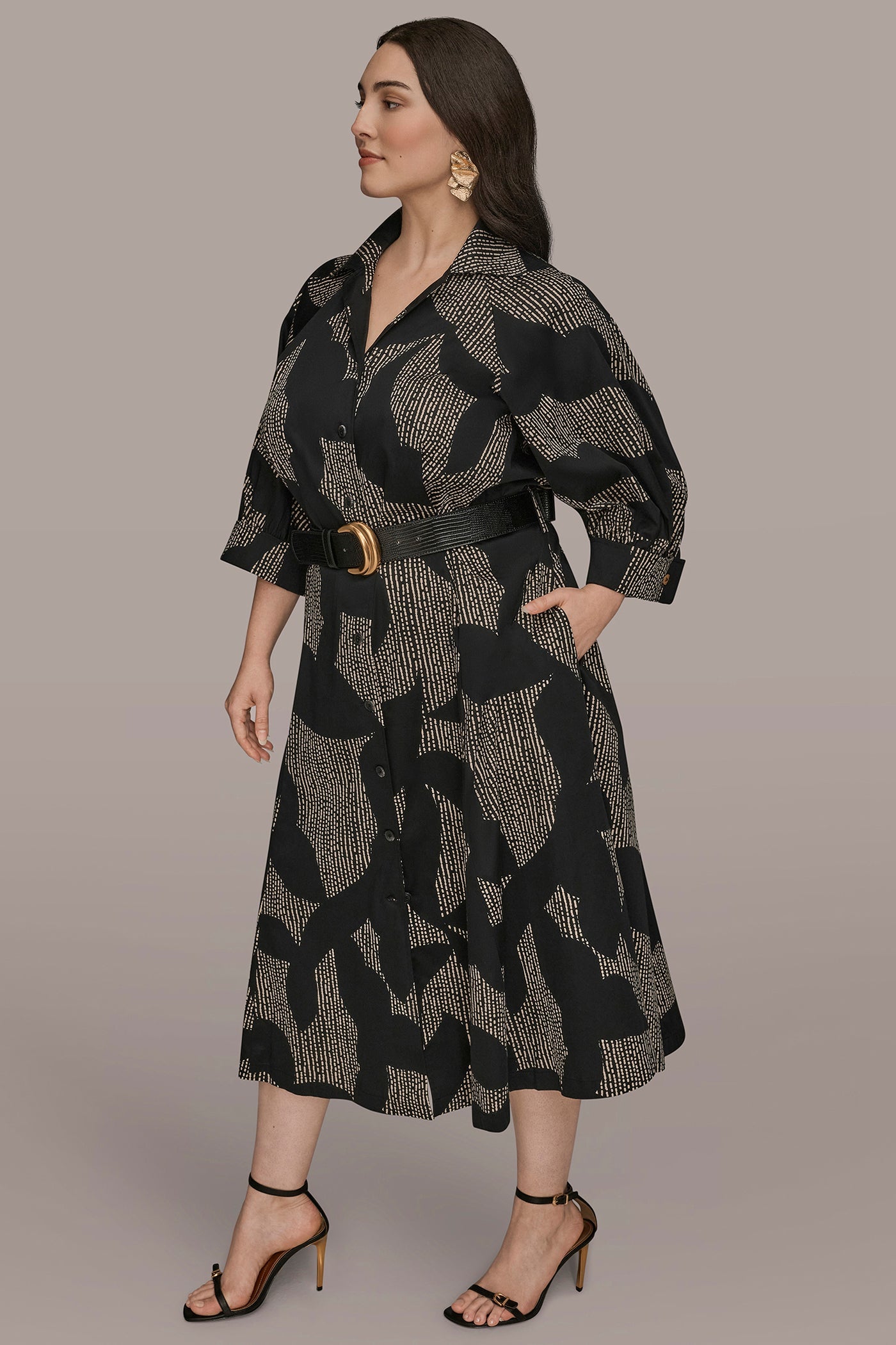 Black COTTON FLORAL MIDI SHIRT DRESS Donna Karan