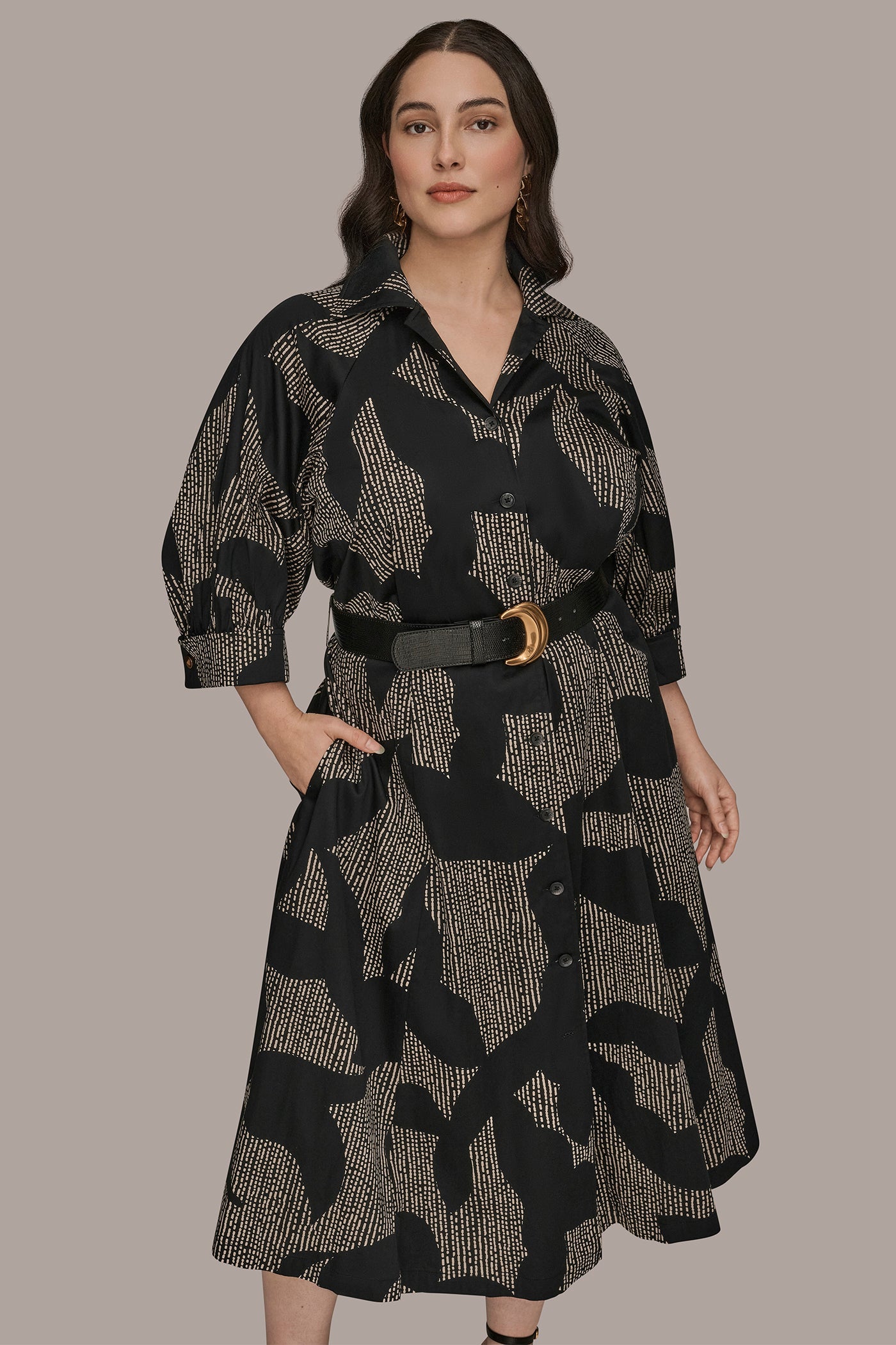 Black COTTON FLORAL MIDI SHIRT DRESS Donna Karan