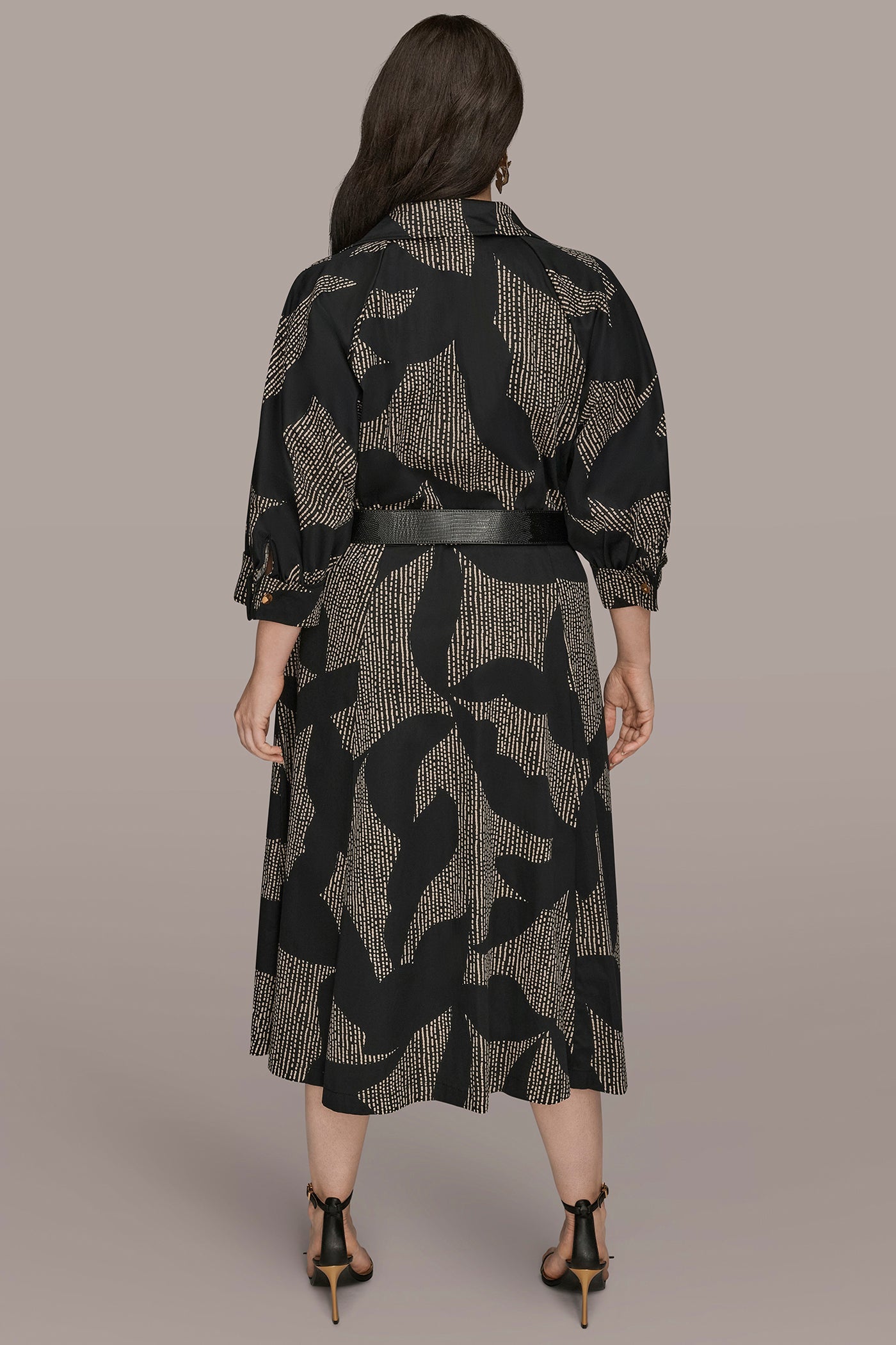 Black COTTON FLORAL MIDI SHIRT DRESS Donna Karan
