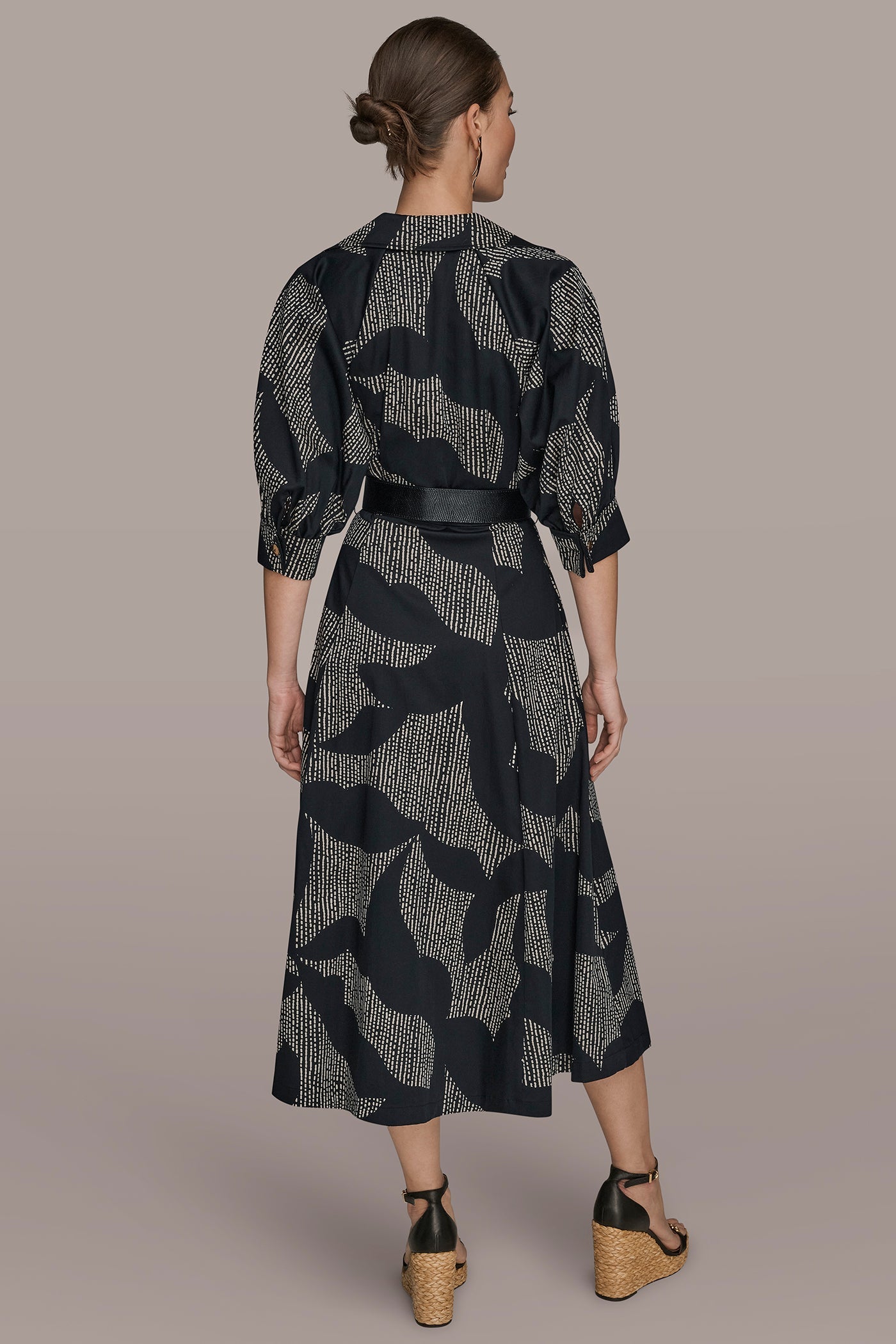 Black COTTON FLORAL MIDI SHIRT DRESS Donna Karan
