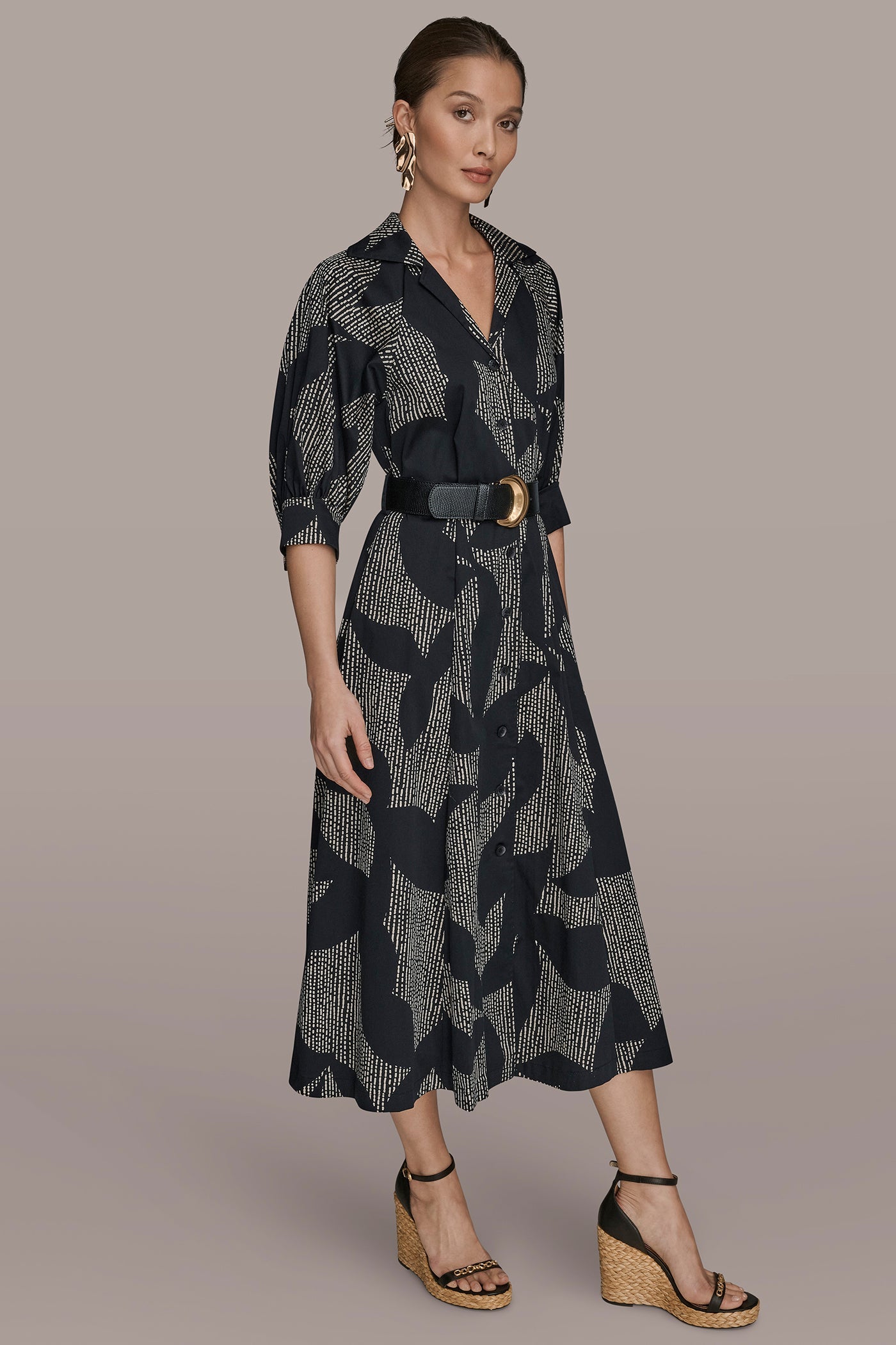 Black COTTON FLORAL MIDI SHIRT DRESS Donna Karan