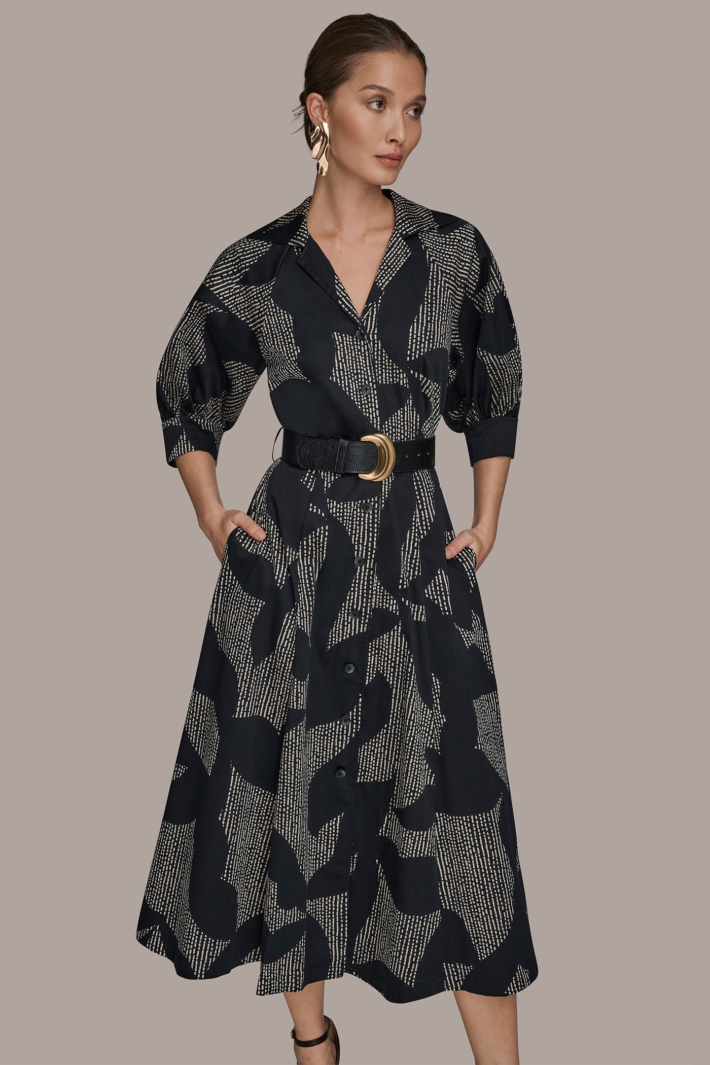 Black COTTON FLORAL MIDI SHIRT DRESS Donna Karan