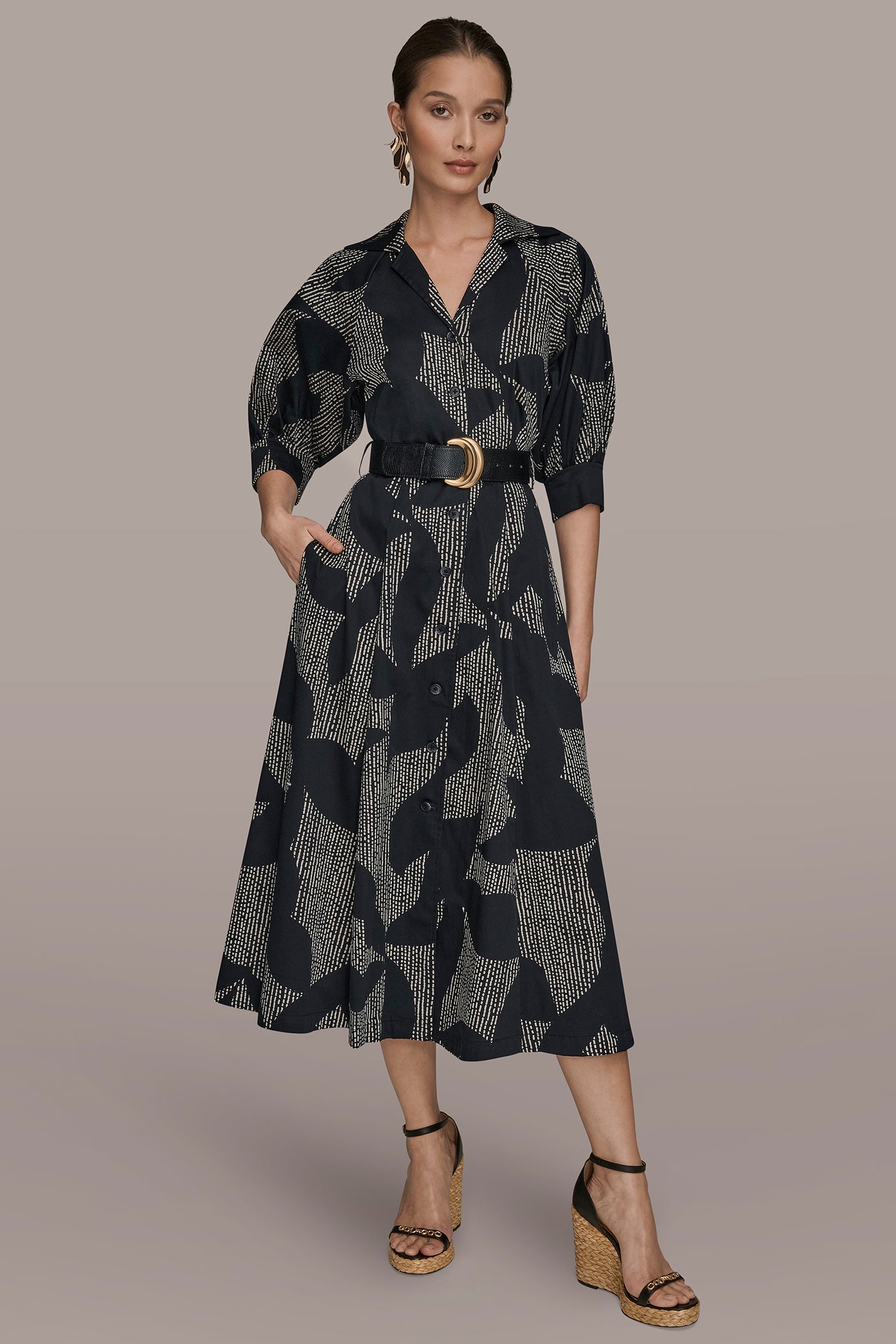 Black COTTON FLORAL MIDI SHIRT DRESS Donna Karan