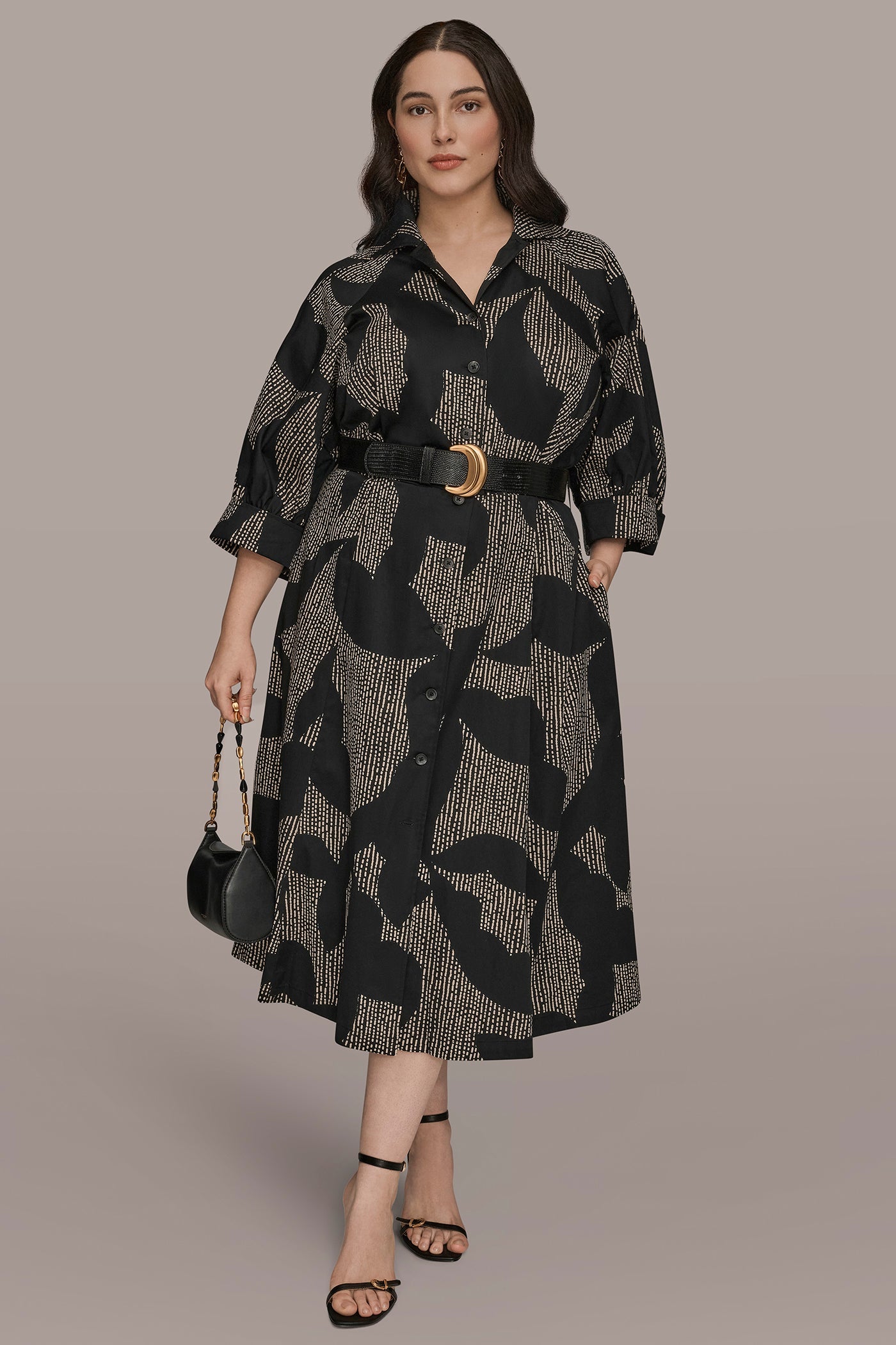 Black COTTON FLORAL MIDI SHIRT DRESS Donna Karan