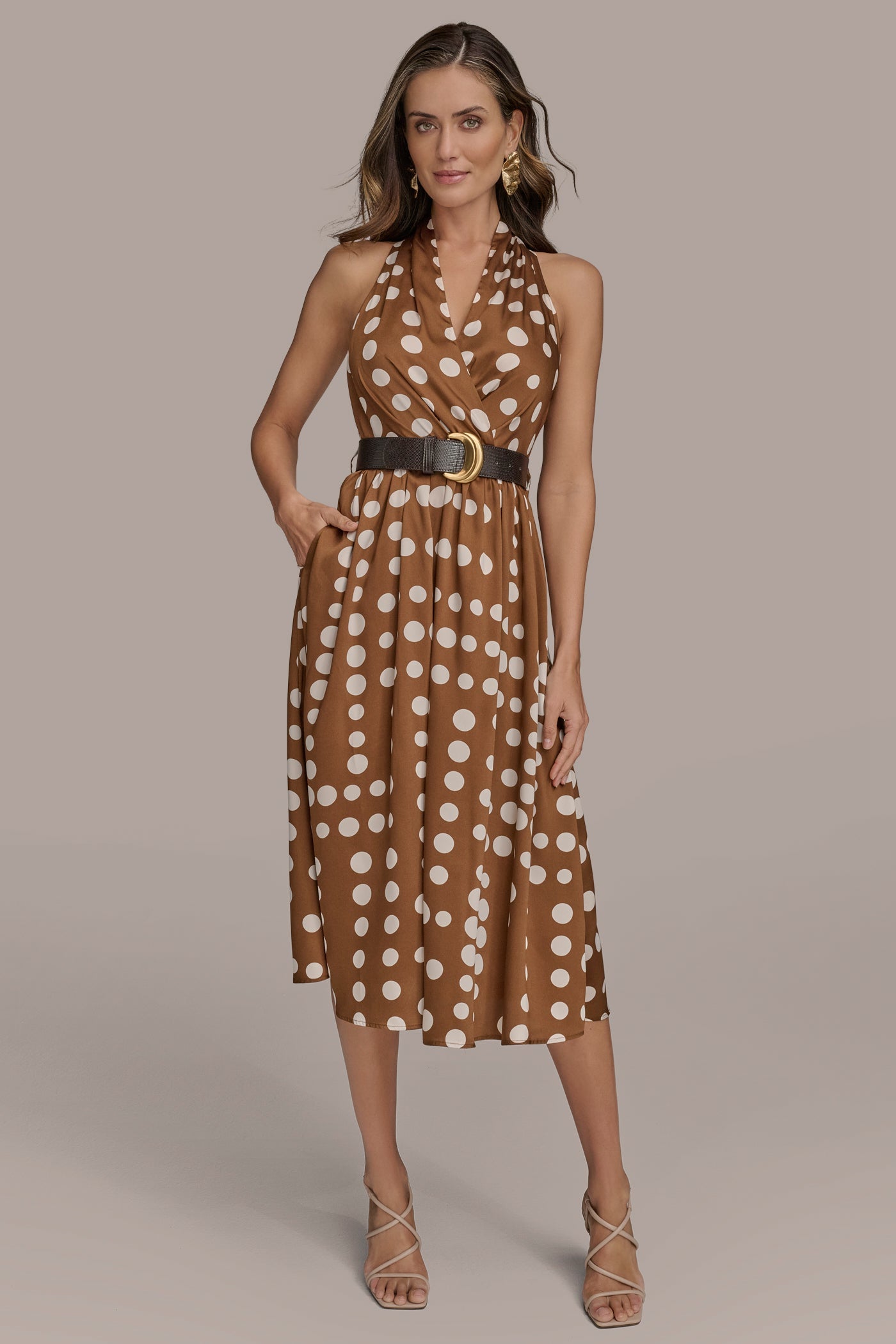 Russet/Light Canvas SLEEVELESS POLKA DOT MIDI FIT AND FLARE DRESS Donna Karan