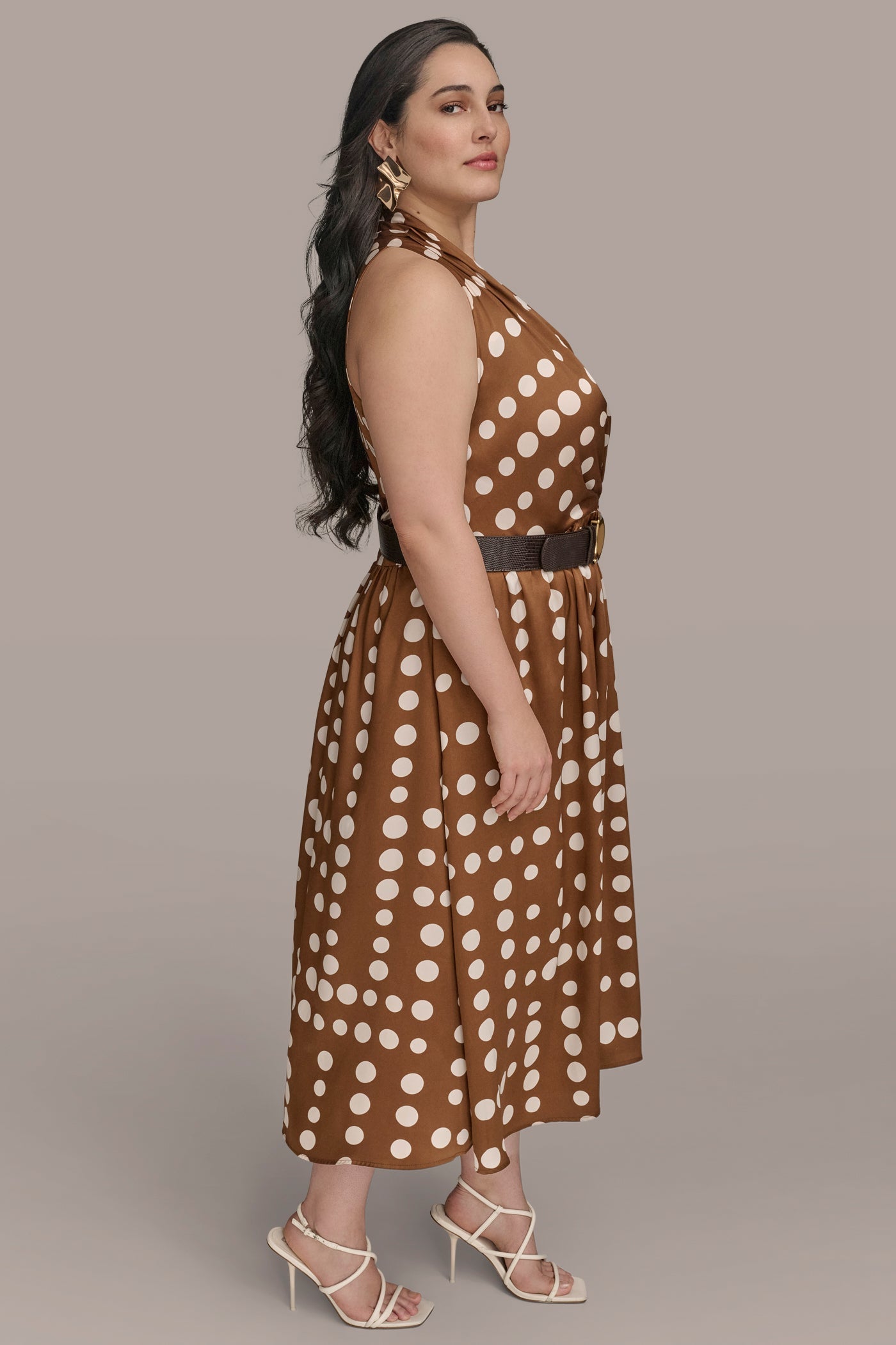 Russet/Light Canvas SLEEVELESS POLKA DOT MIDI FIT AND FLARE DRESS Donna Karan
