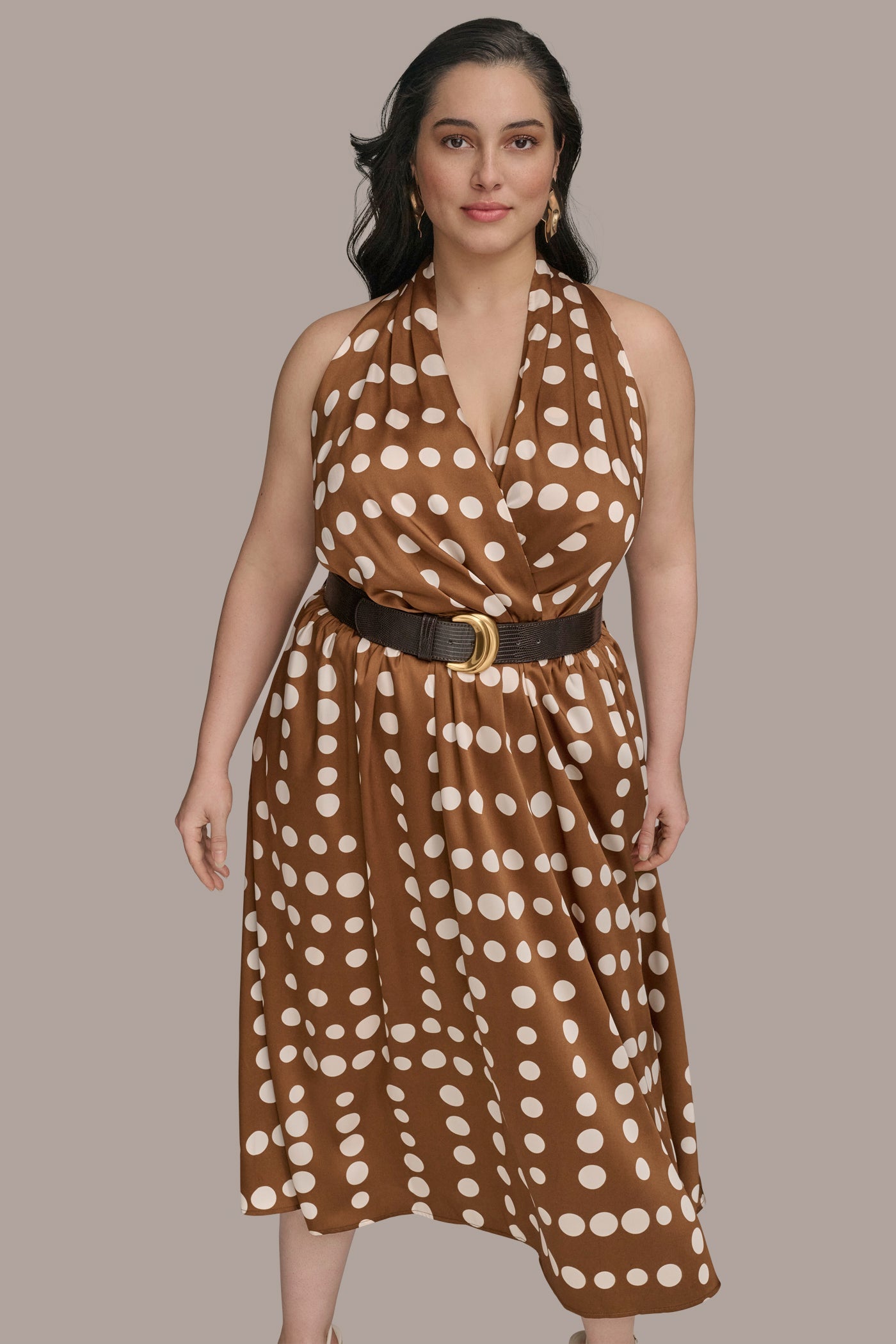 Russet/Light Canvas SLEEVELESS POLKA DOT MIDI FIT AND FLARE DRESS Donna Karan