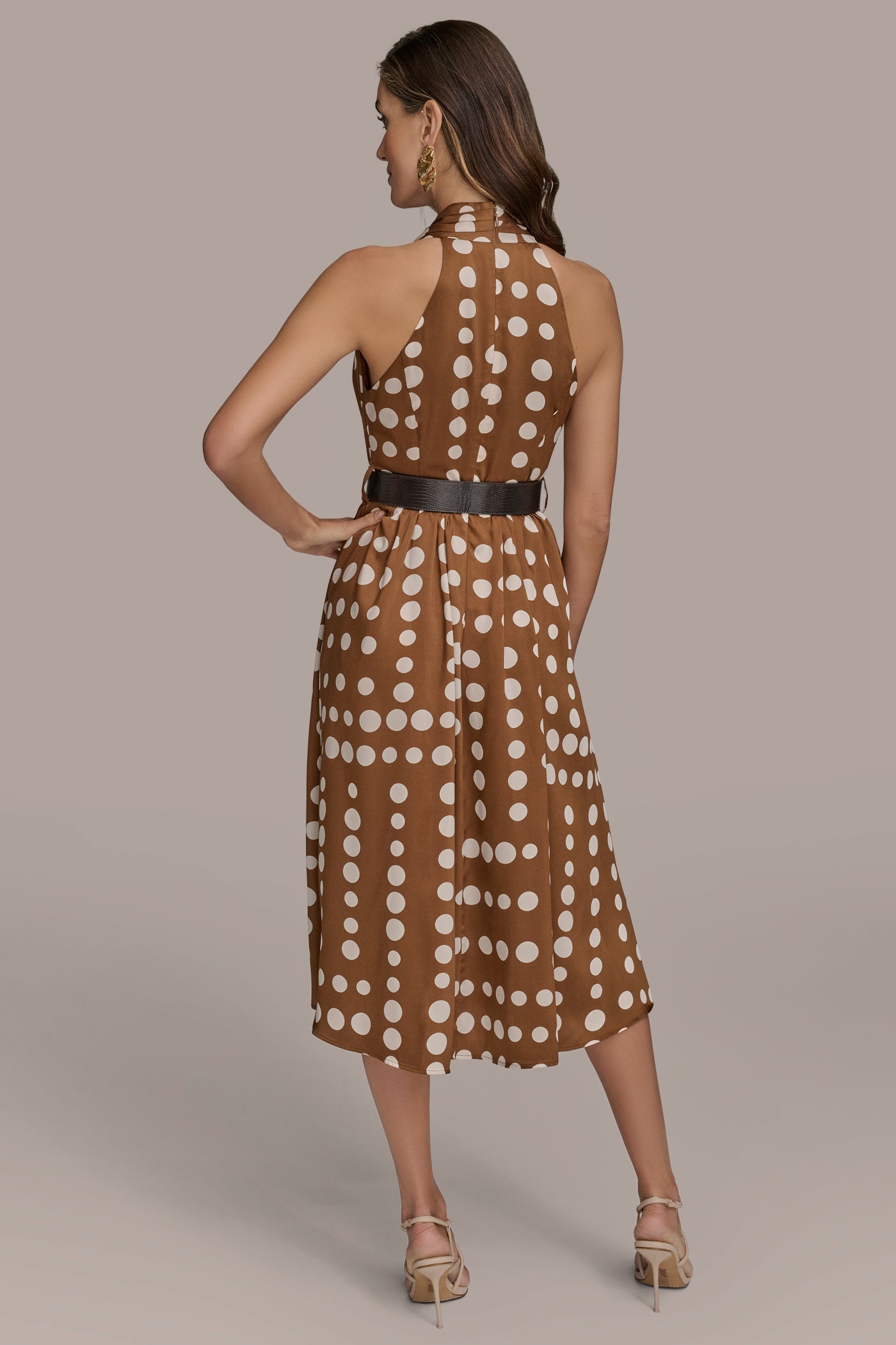 Russet/Light Canvas SLEEVELESS POLKA DOT MIDI FIT AND FLARE DRESS Donna Karan