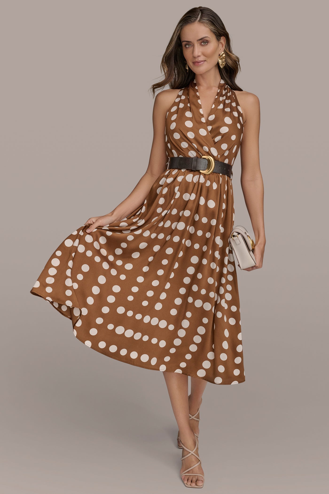 Russet/Light Canvas SLEEVELESS POLKA DOT MIDI FIT AND FLARE DRESS Donna Karan