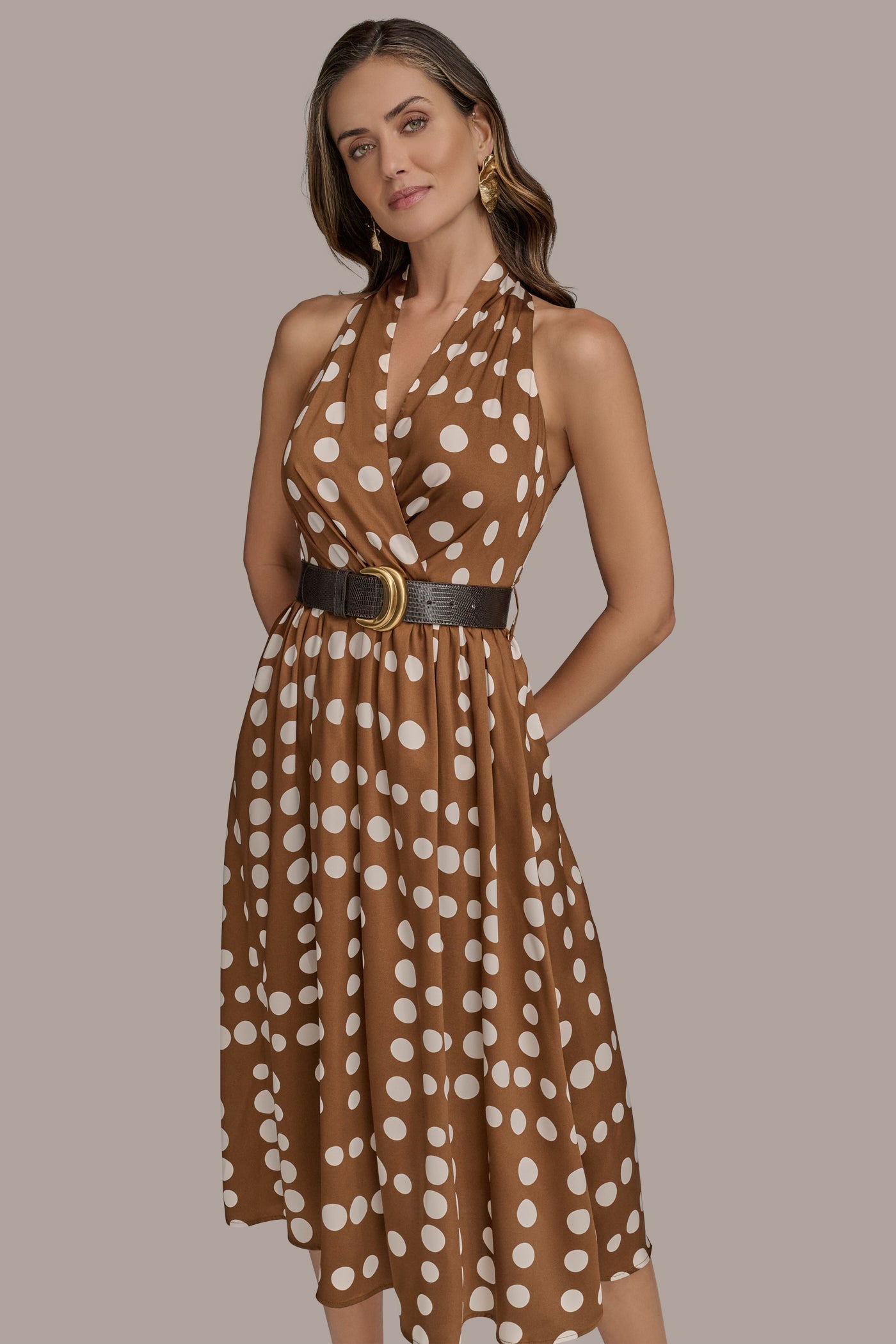 Russet/Light Canvas SLEEVELESS POLKA DOT MIDI FIT AND FLARE DRESS Donna Karan